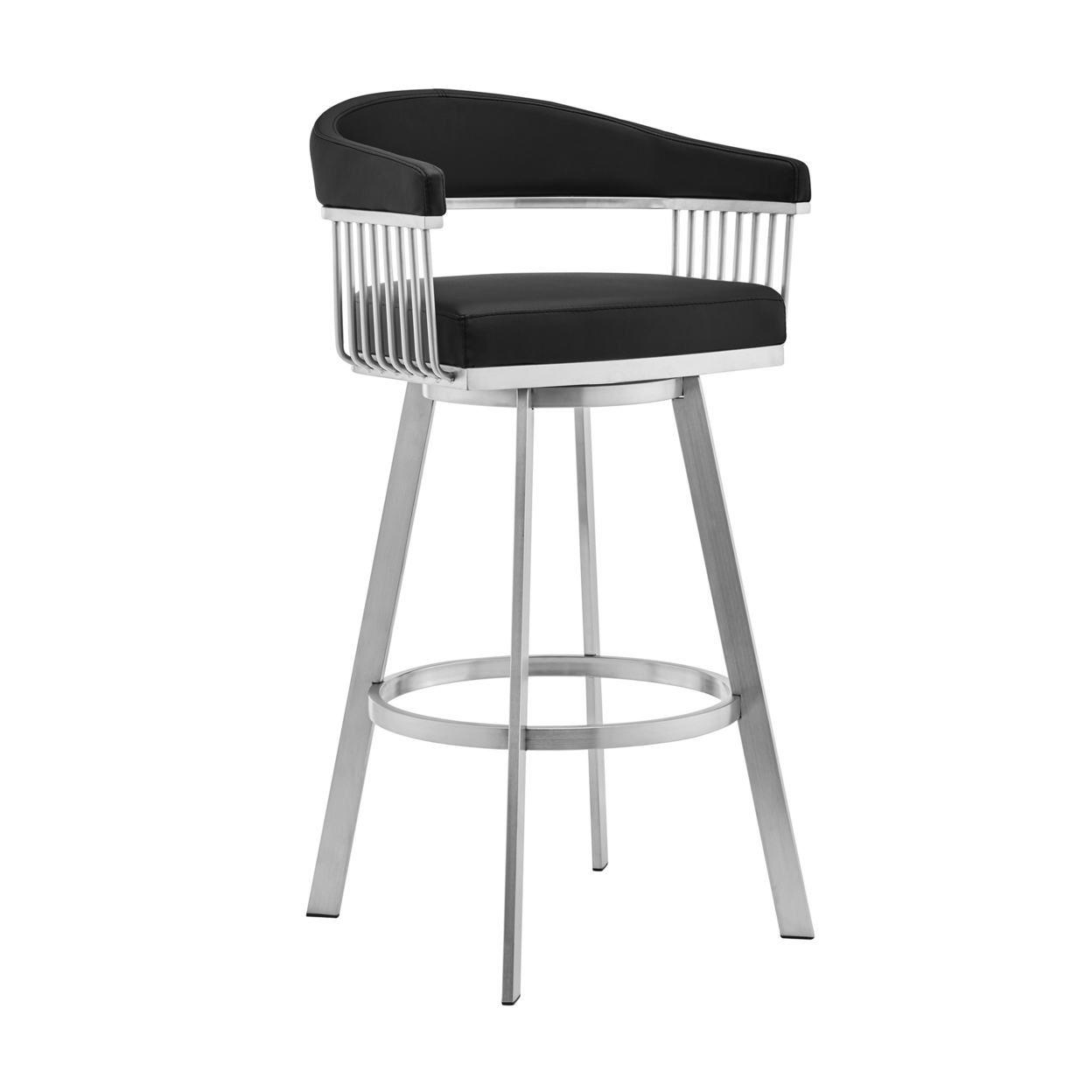 Lif 29 Inch Swivel Barstool Chair, Slatted Arms, Steel, Black Faux Leather- Saltoro Sherpi