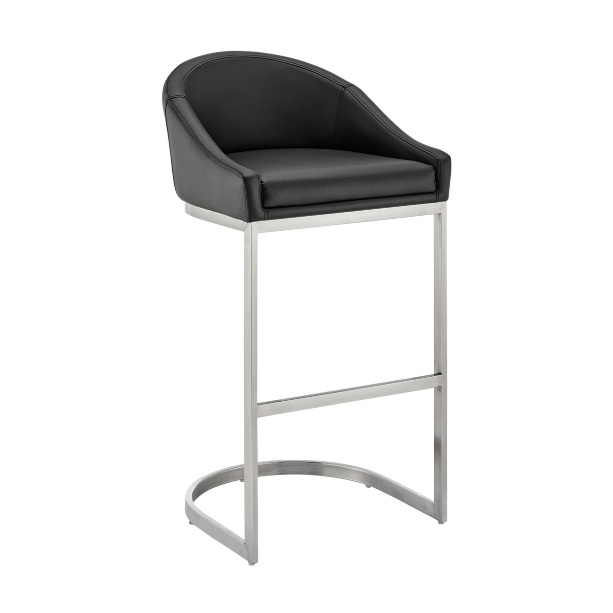 Lina 28 Inch Bar Stool Chair, Metal Cantilever Base, Black Faux Leather- Saltoro Sherpi