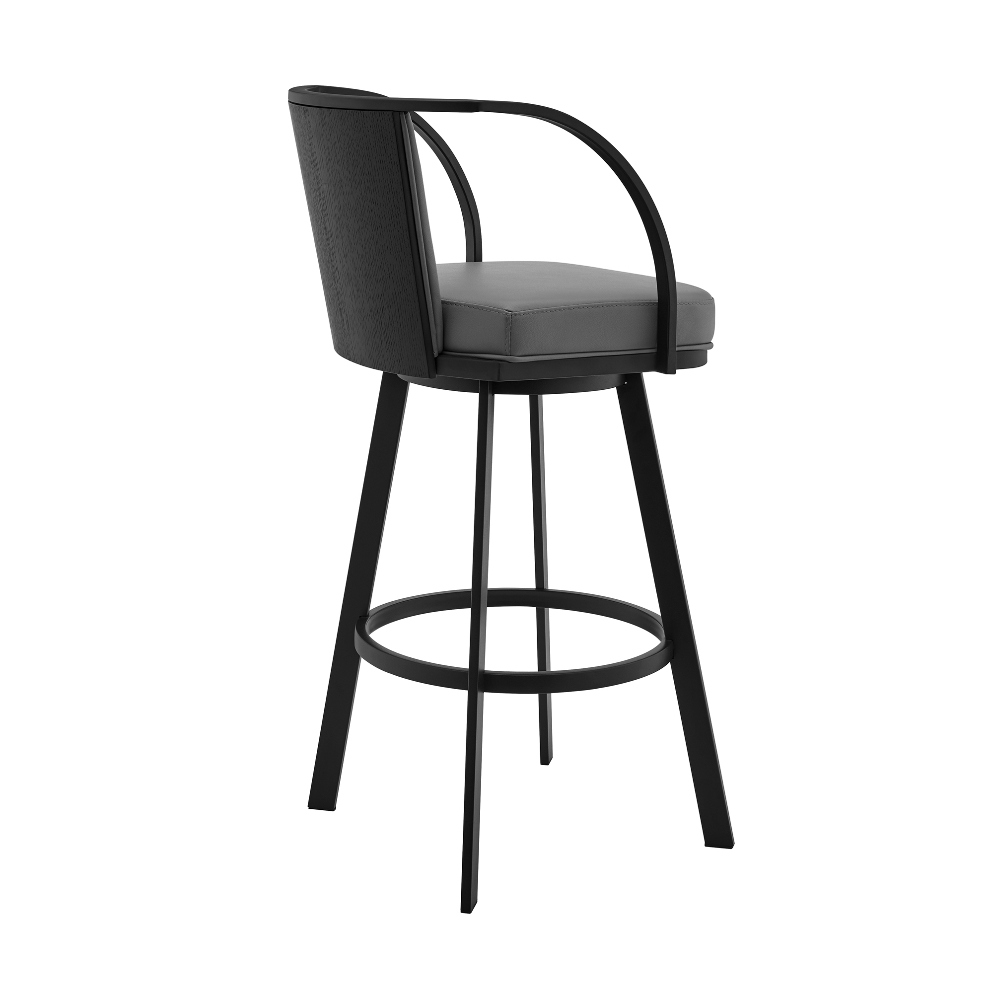 Ovn 30 Inch Modern Swivel Barstool Chair, Gray Faux Leather, Black Steel- Saltoro Sherpi