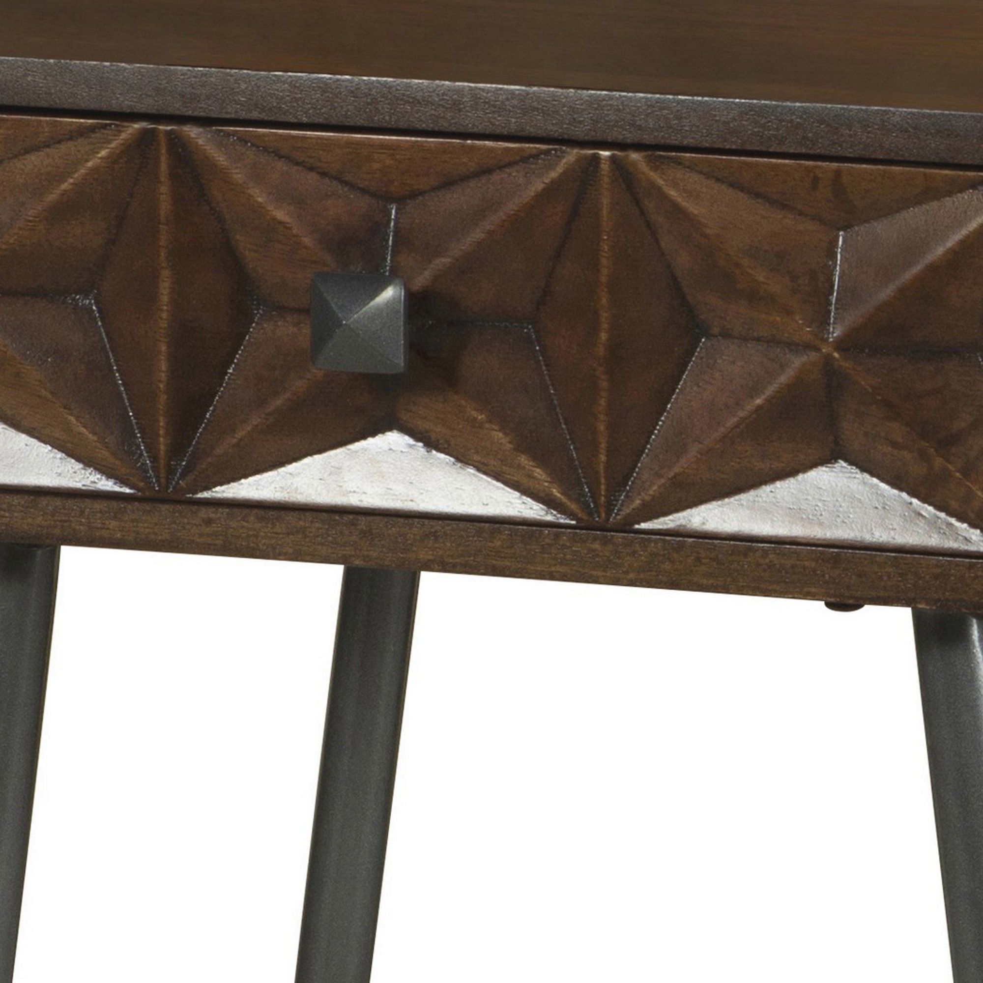 Piya 22 Inch 1 Drawer Accent Table, Retro Motif Front, Dark Brown Wood- Saltoro Sherpi