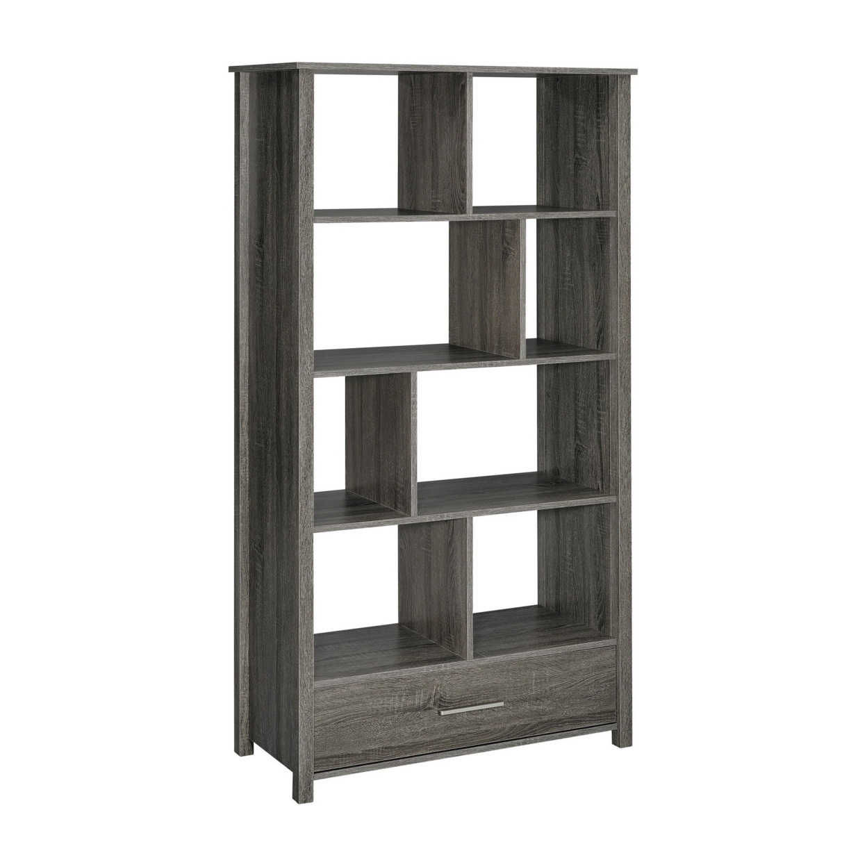Wim 68 Inch Geometric Bookcase Etagere With 8 Shelves, Weathered Gray- Saltoro Sherpi