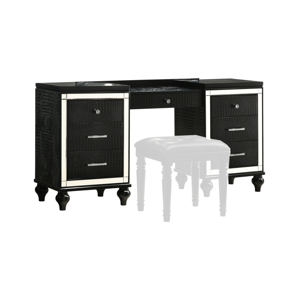 Kya 64 Inch Vanity Dresser Table With 7 Drawers, Mirrored Trim, Glam Black- Saltoro Sherpi