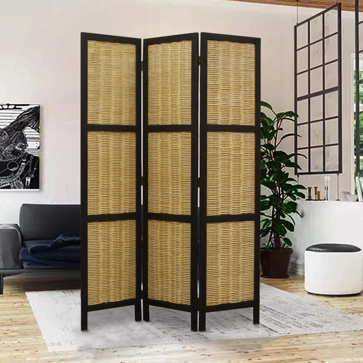 Cottage Style 3 Panel Room Divider With Willow Weaving, Black And Brown- Saltoro Sherpi