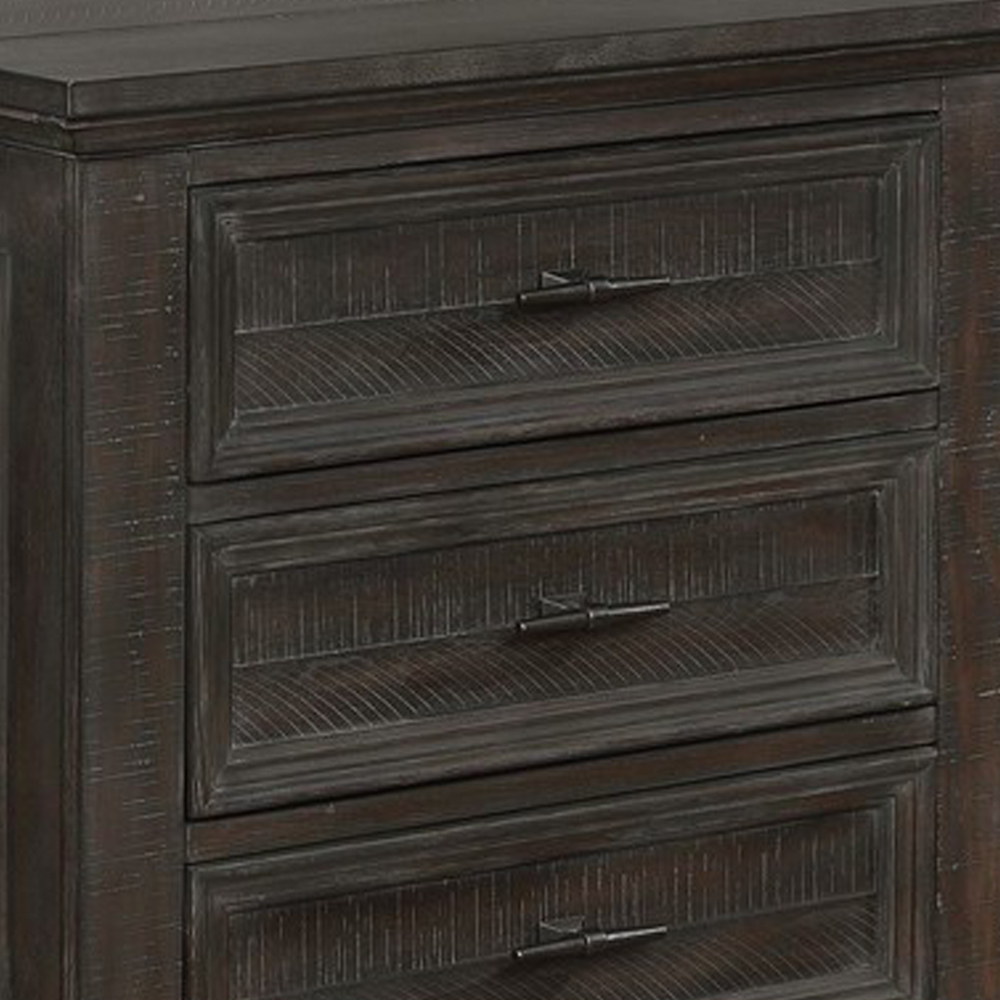 Planked Rough Hewn Saw Texture 3 Drawer Nightstand With Metal Handle, Gray- Saltoro Sherpi