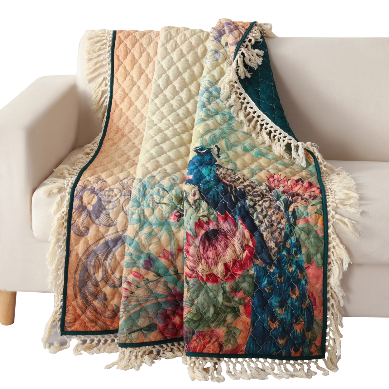 Ufa 60 Inch Quilted Throw Blanket, Blue Microfiber, Peacock, Floral Design- Saltoro Sherpi