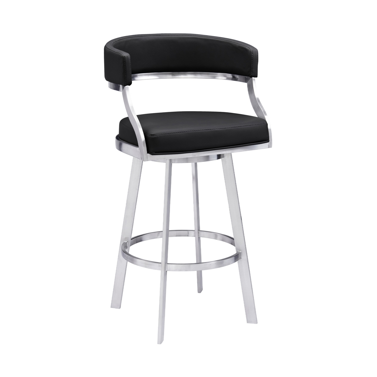 Ava 30 Inch Swivel Bar Stool Chair, Open Back, Steel, Black Faux Leather- Saltoro Sherpi