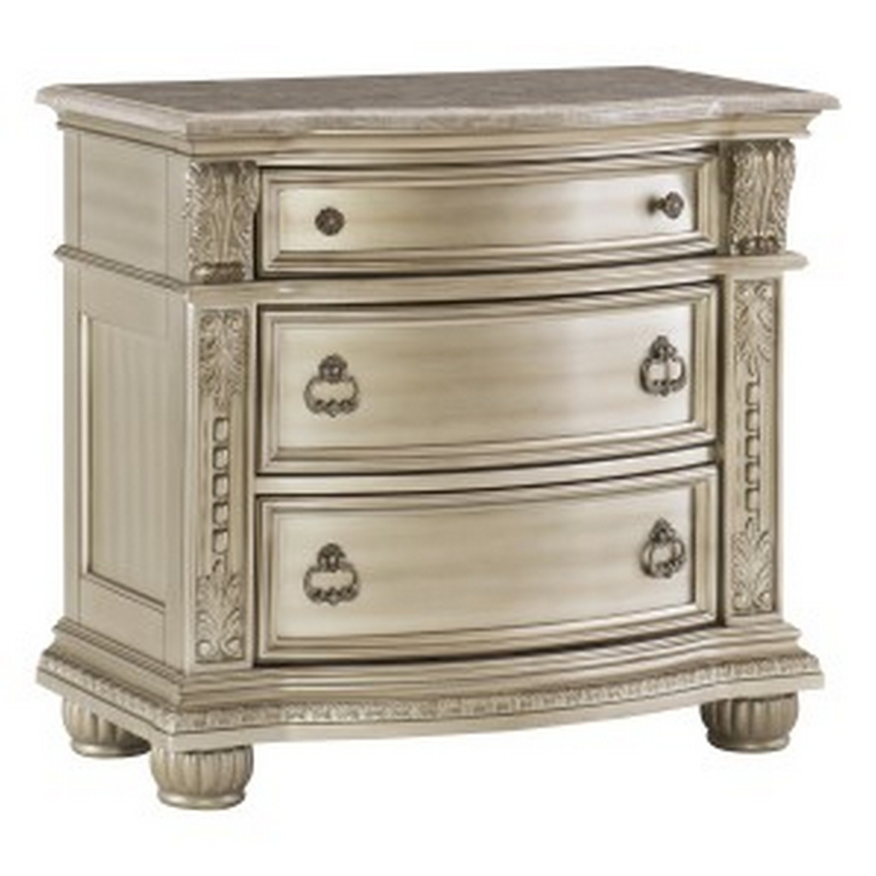 Caitlin 35 Inch 3 Drawer Nightstand With Marble Top, Leaf Carvings, Silver- Saltoro Sherpi