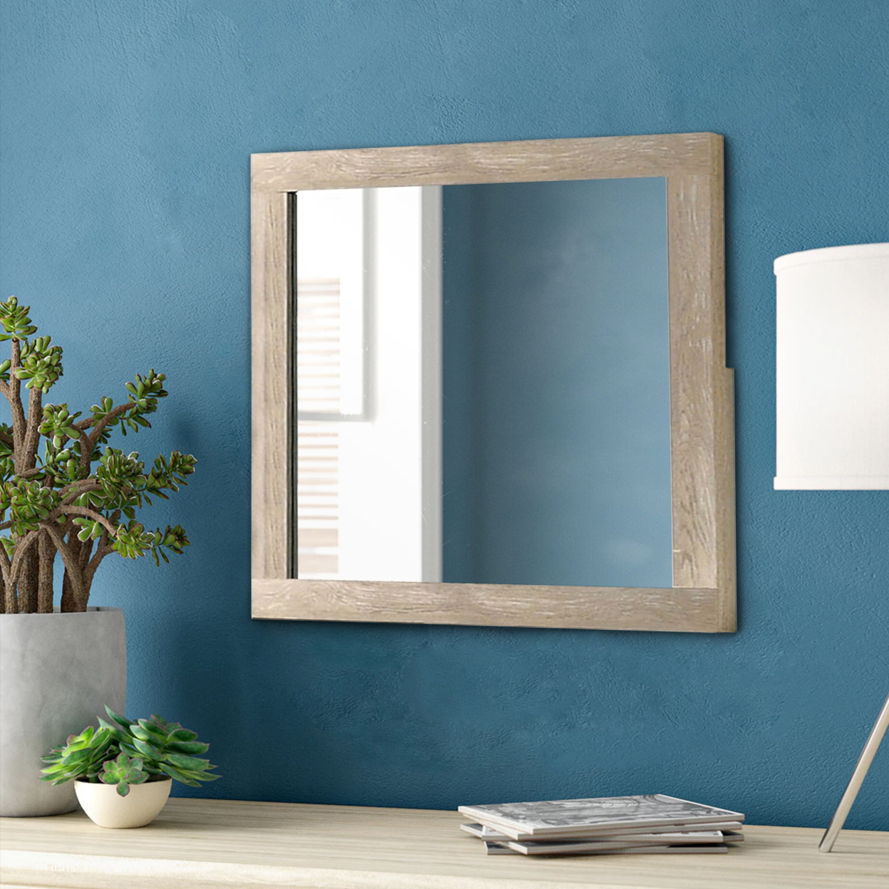 Transitional Style Grained Wood Encased Square Mirror, Cream- Saltoro Sherpi