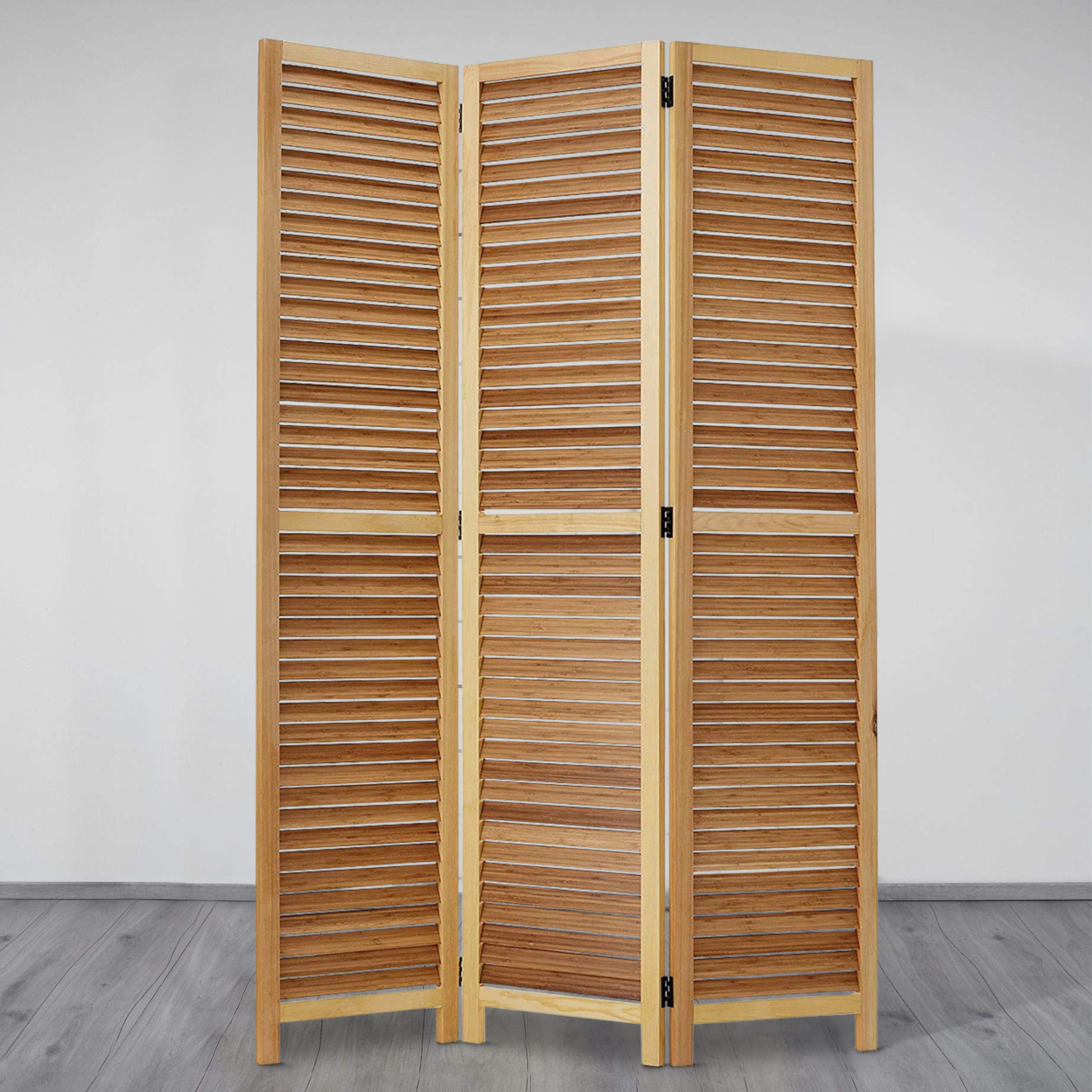 Wooden 3 Panel Shutter Screen With Bamboo Slats, Natural Brown- Saltoro Sherpi