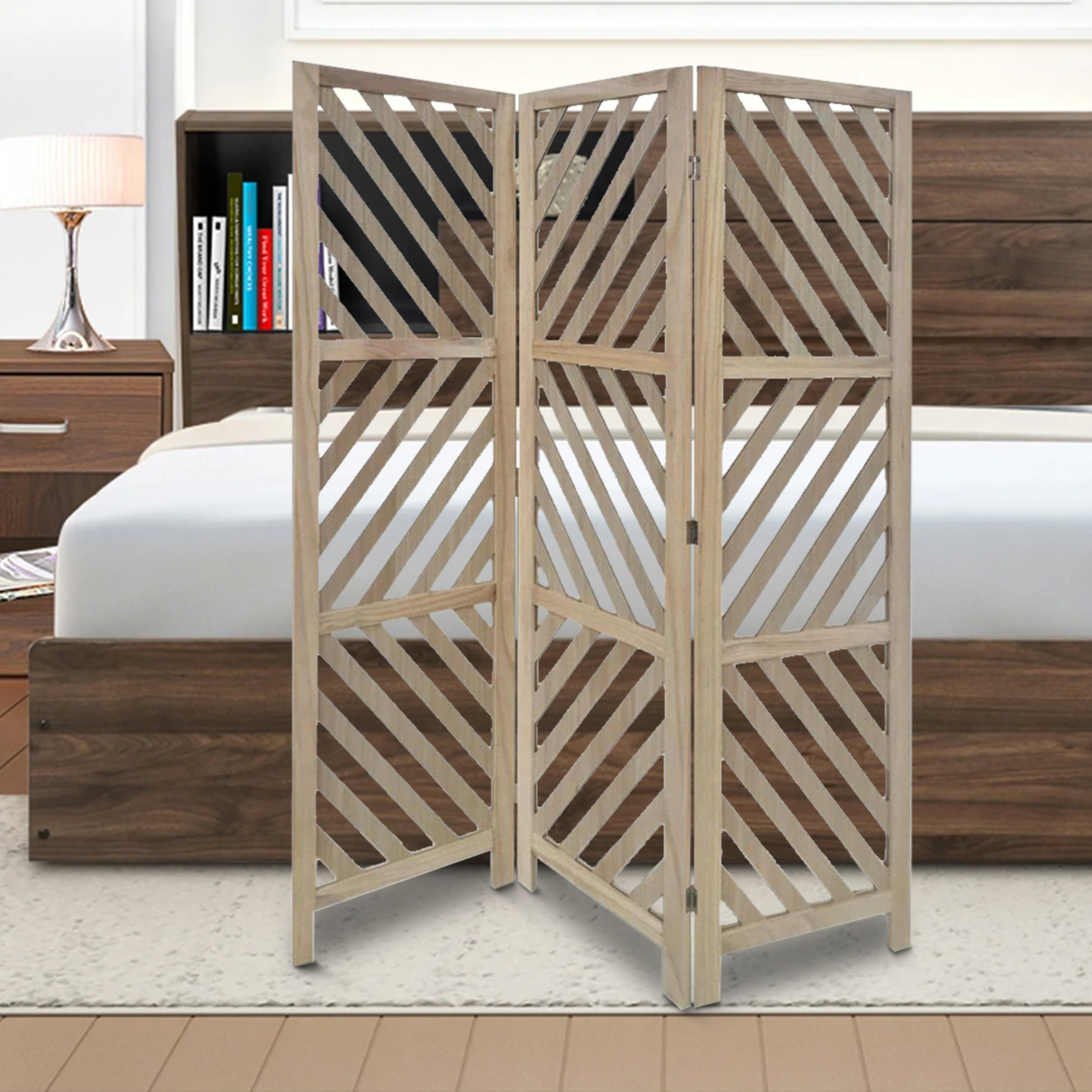3 Panel Wooden Frame Screen With Diagonal Cut Slats, Natural Brown- Saltoro Sherpi