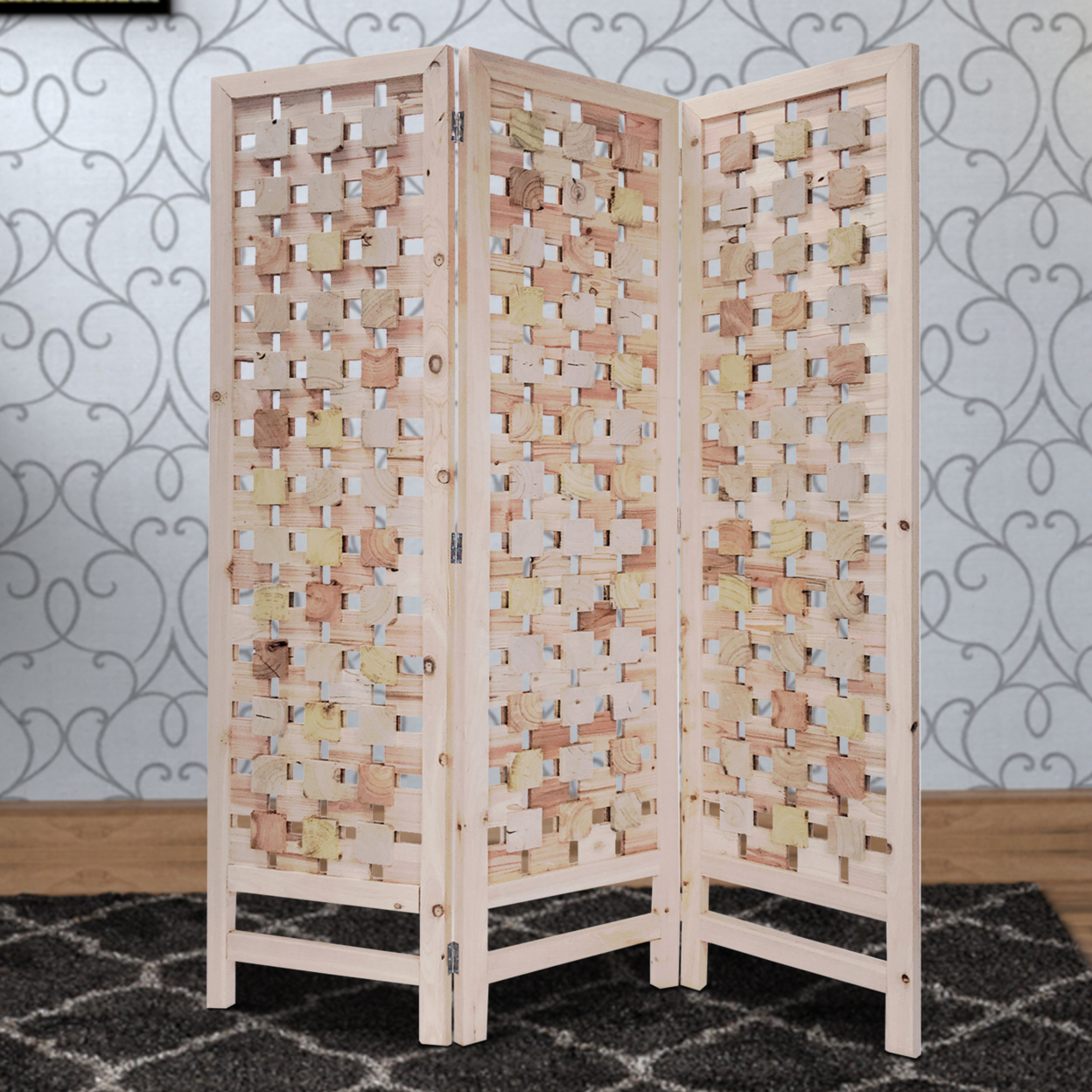 3 Panel Wooden Screen With Interspersed Square Pattern, Cream- Saltoro Sherpi