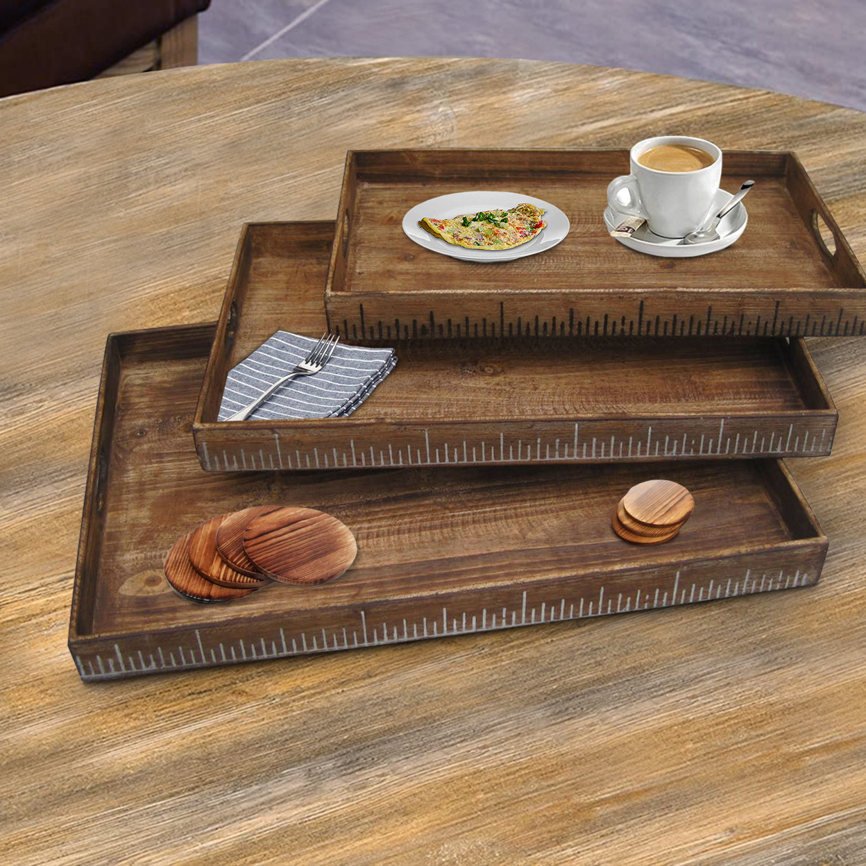 Wooden Tray With Grain Details And Cut Out Handles, Set Of 3, Brown- Saltoro Sherpi