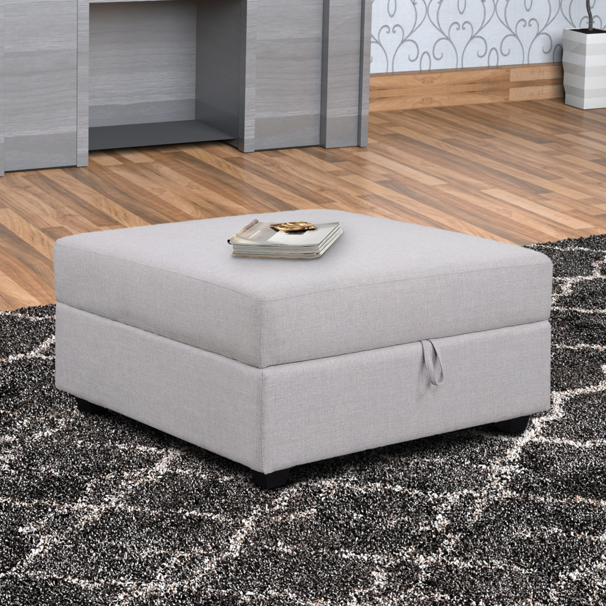 Storage Ottoman With Fabric Upholstery And Tapered Legs, Gray- Saltoro Sherpi