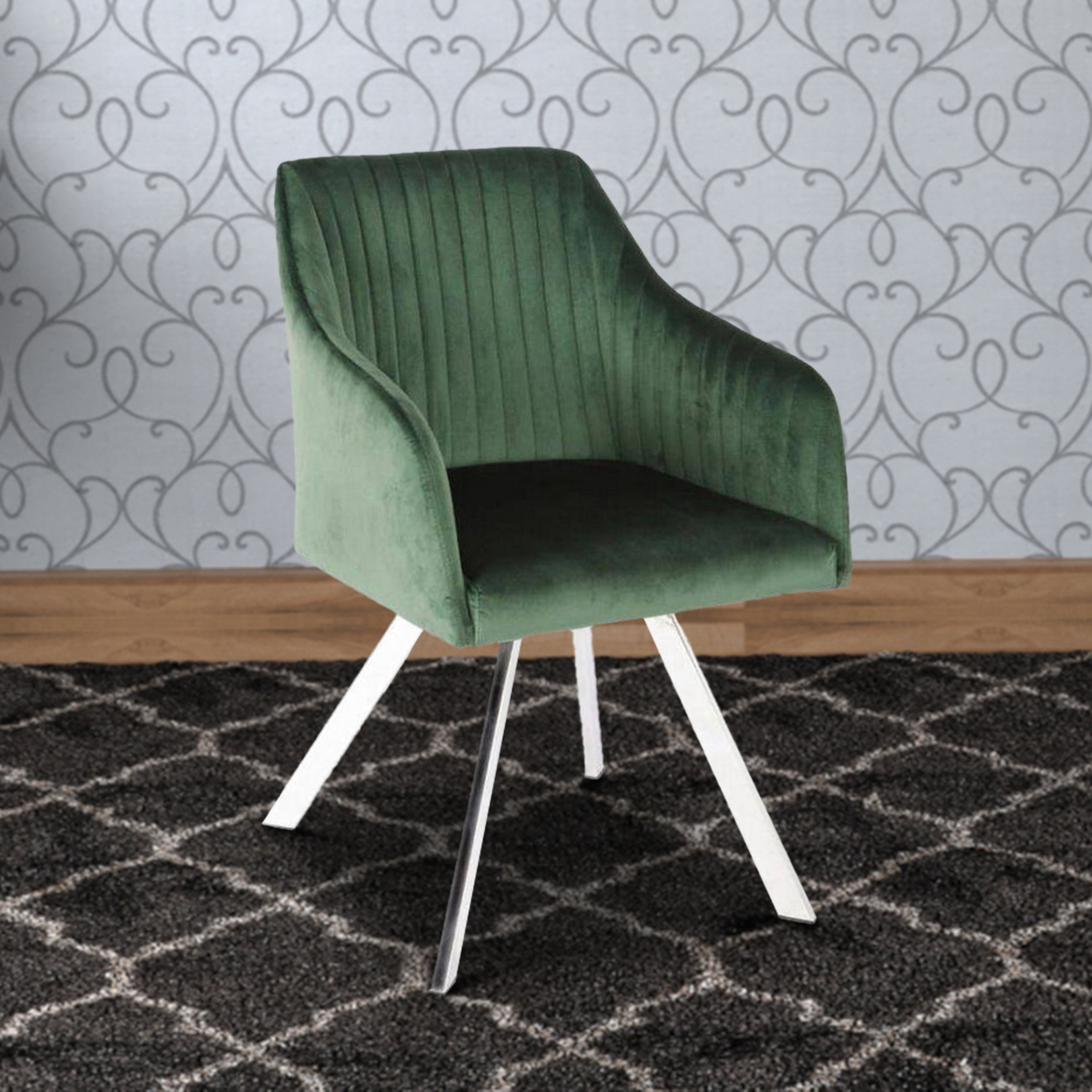 Metal Swivel Dining Chair With Channel Tufted Seat, Green- Saltoro Sherpi