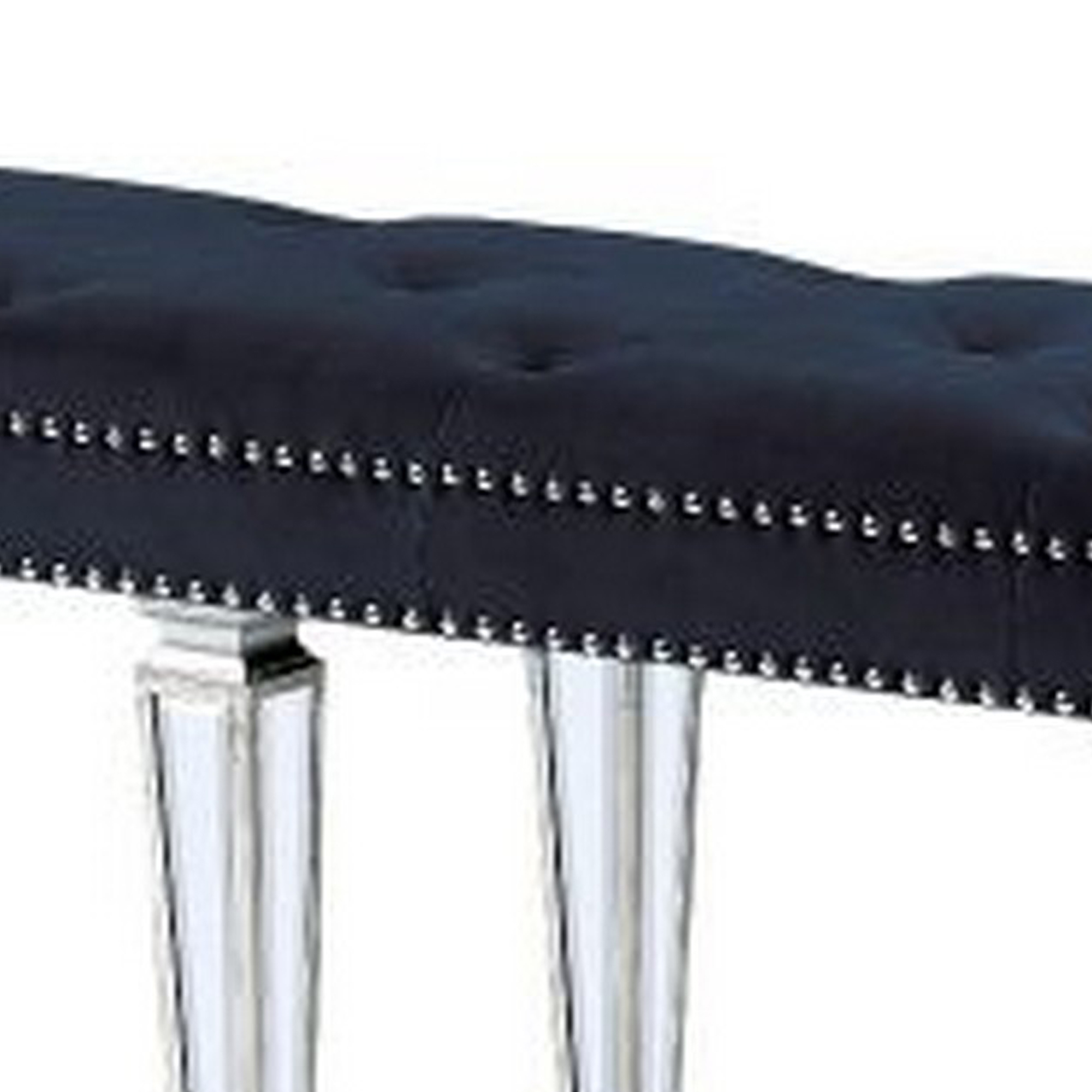 Accent Bench With Tufted Velvet Seat And Mirrored Legs, Black- Saltoro Sherpi