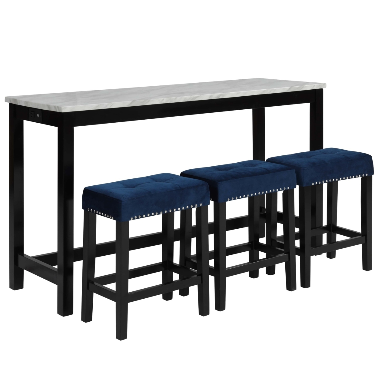 Kate 60 Inch 4 Piece Bar Table Set With Upholstered Stools, Blue- Saltoro Sherpi