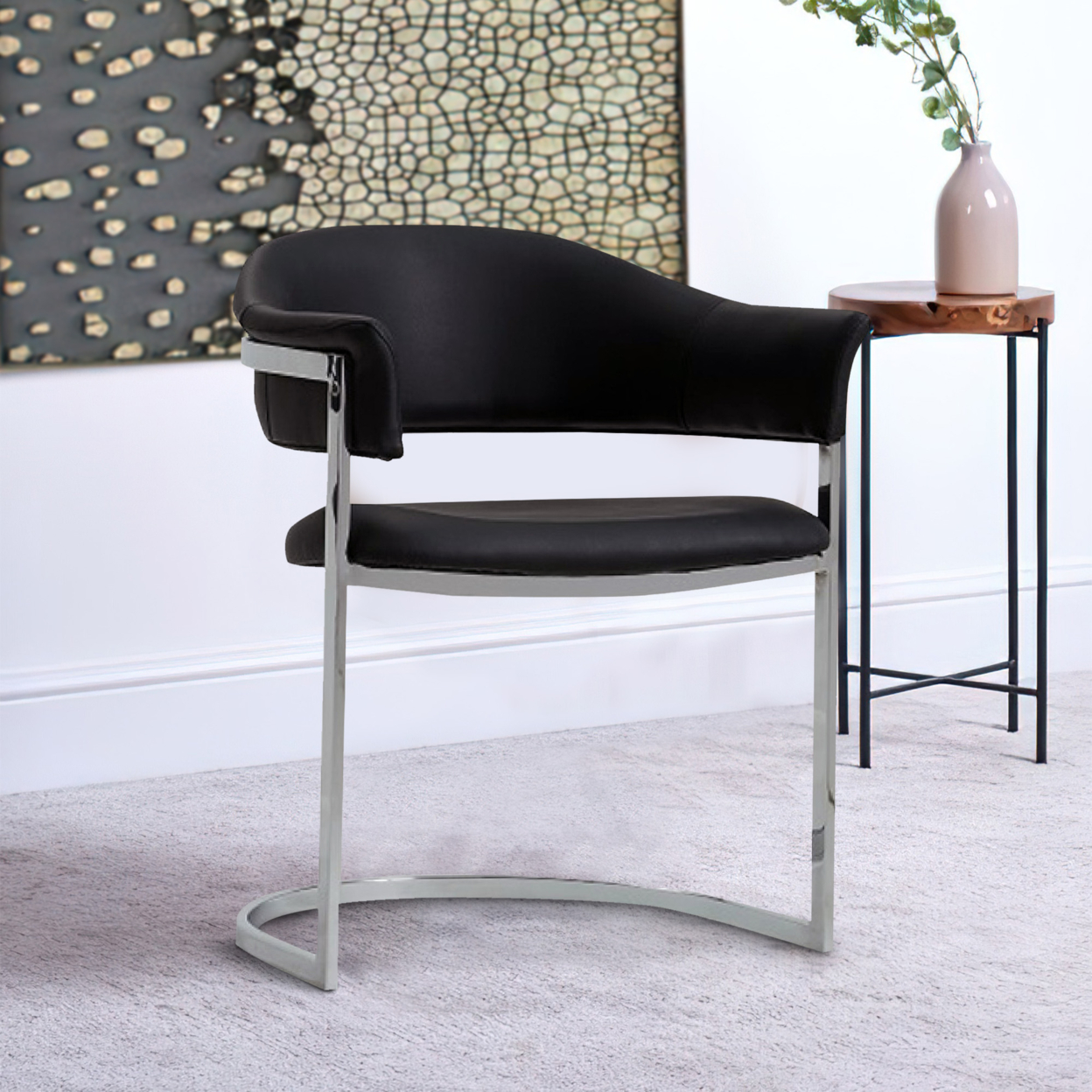 Ava Modern Dining Chair, Metal Cantilever Base, Black Faux Leather, Chrome- Saltoro Sherpi