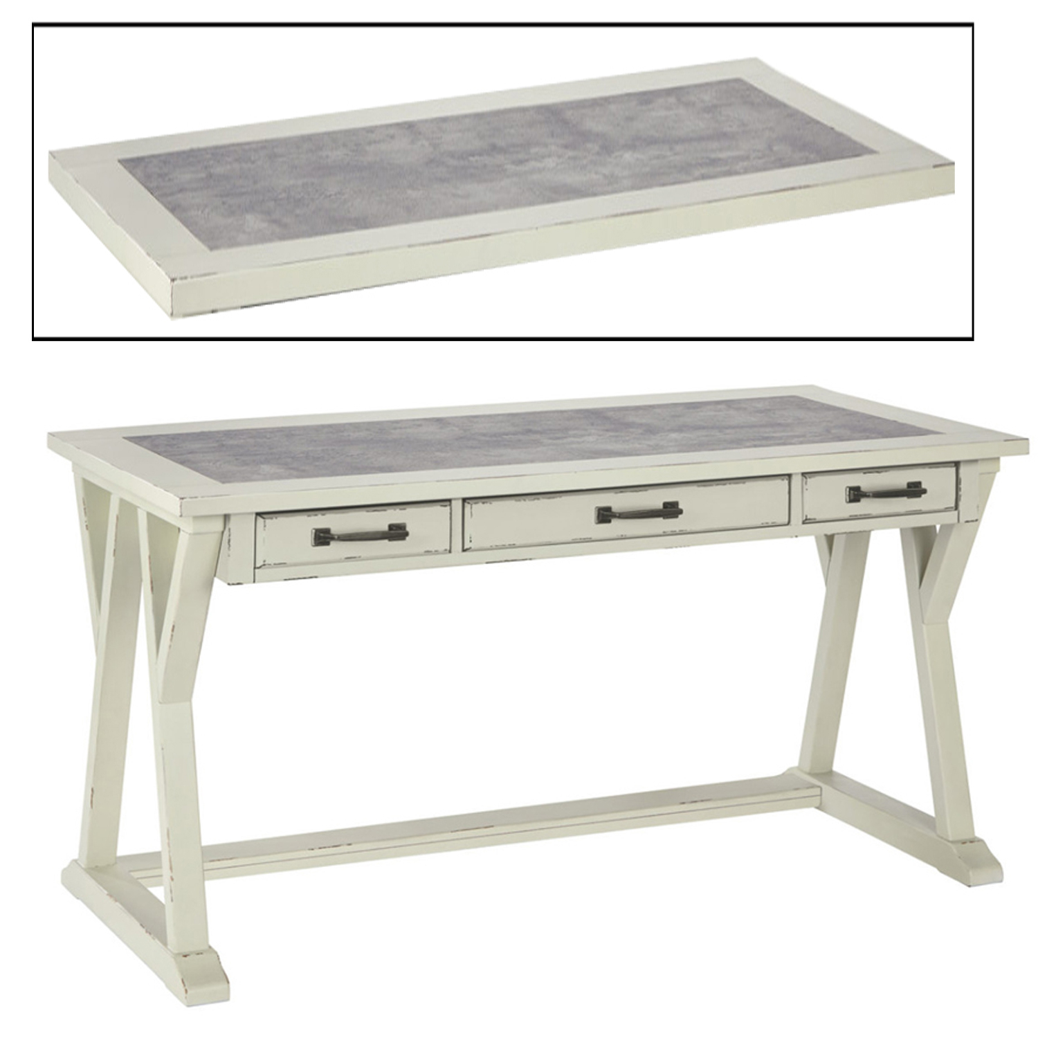Three Drawers Wooden Desk With Faux Cement Top And Trestle Base, White And Gray- Saltoro Sherpi