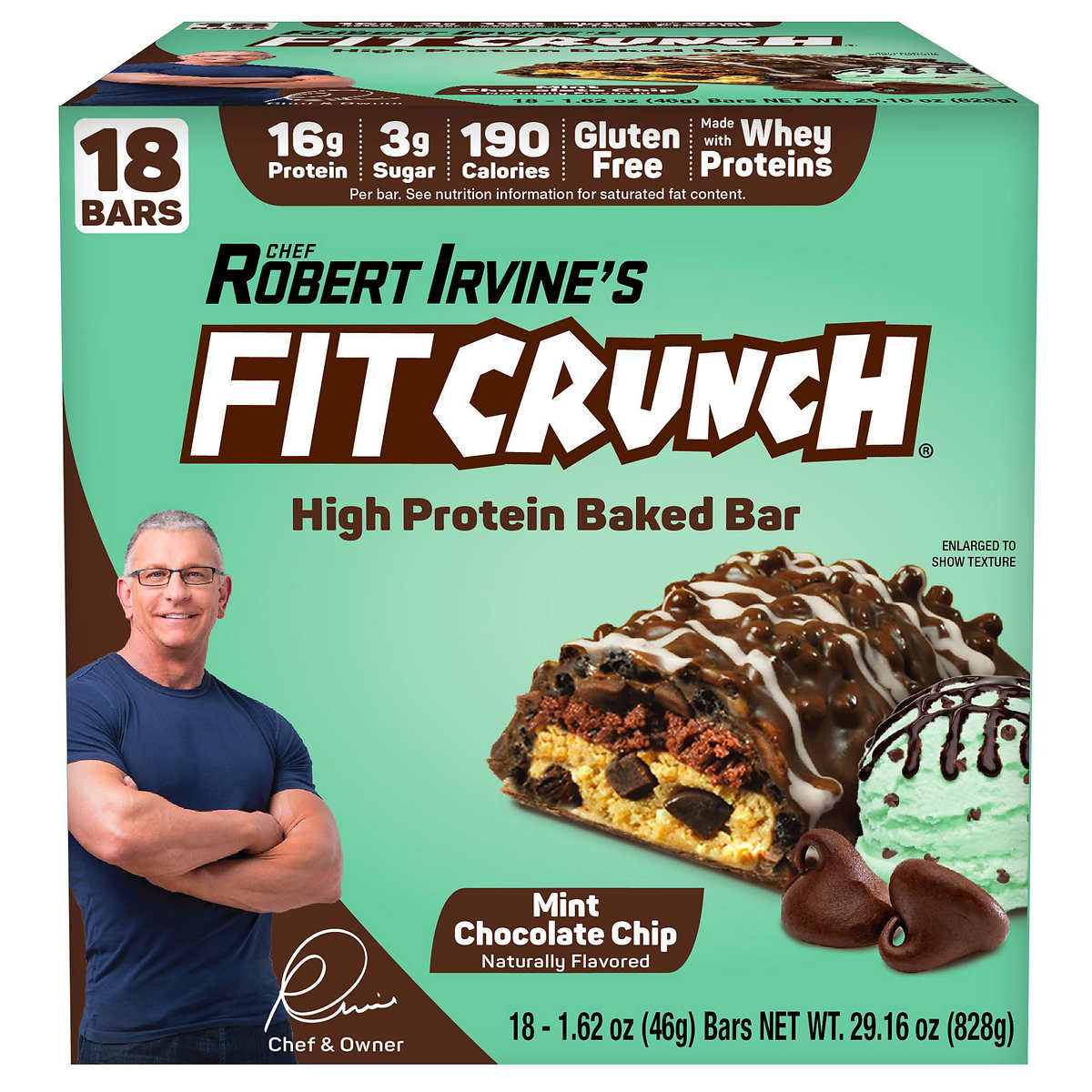 Chef Robert Irvine's Fit Crunch Whey Protein Bars, Mint Chocolate Chip, 18 Count
