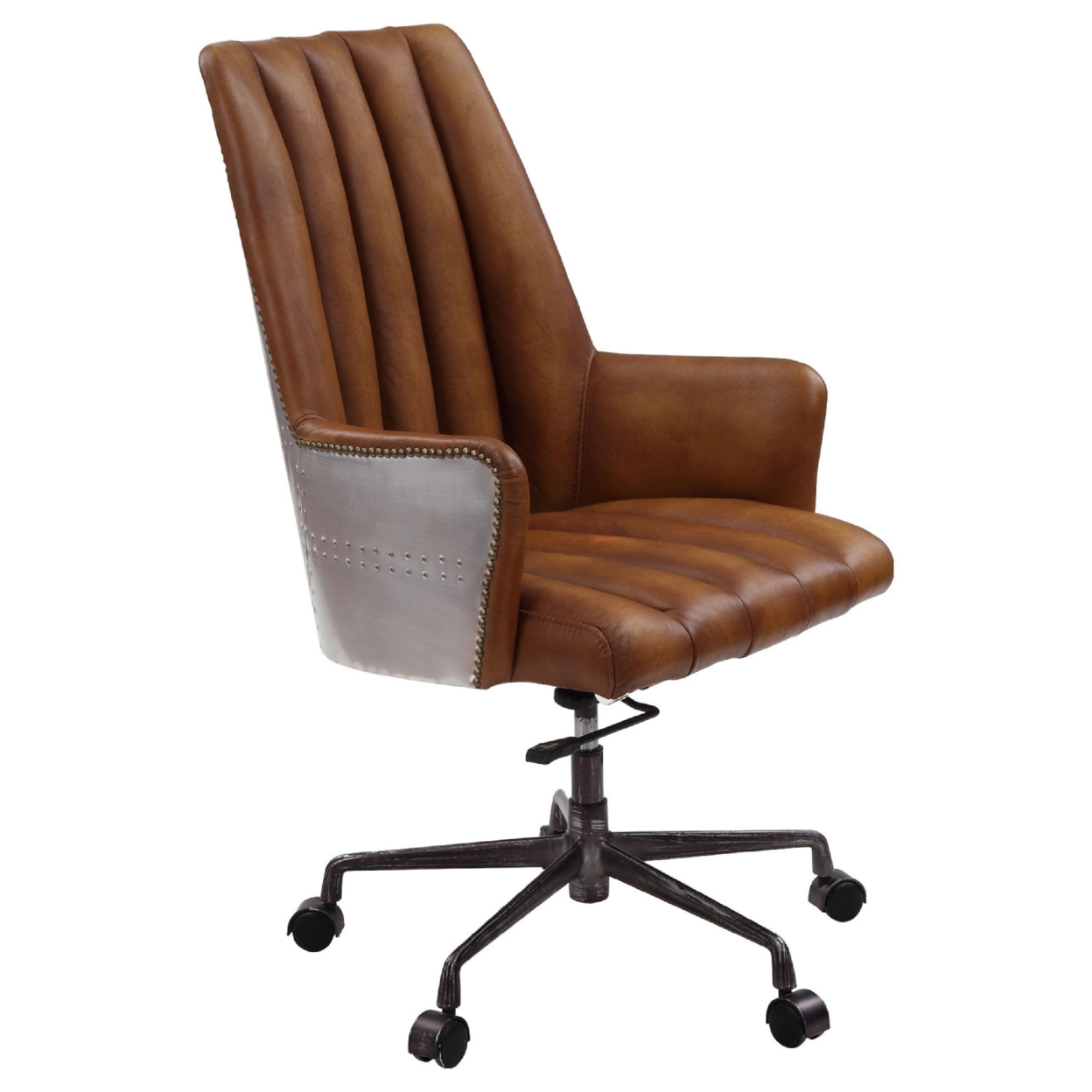 Office Chair With Leather Seat And Channel Stitching, Brown- Saltoro Sherpi