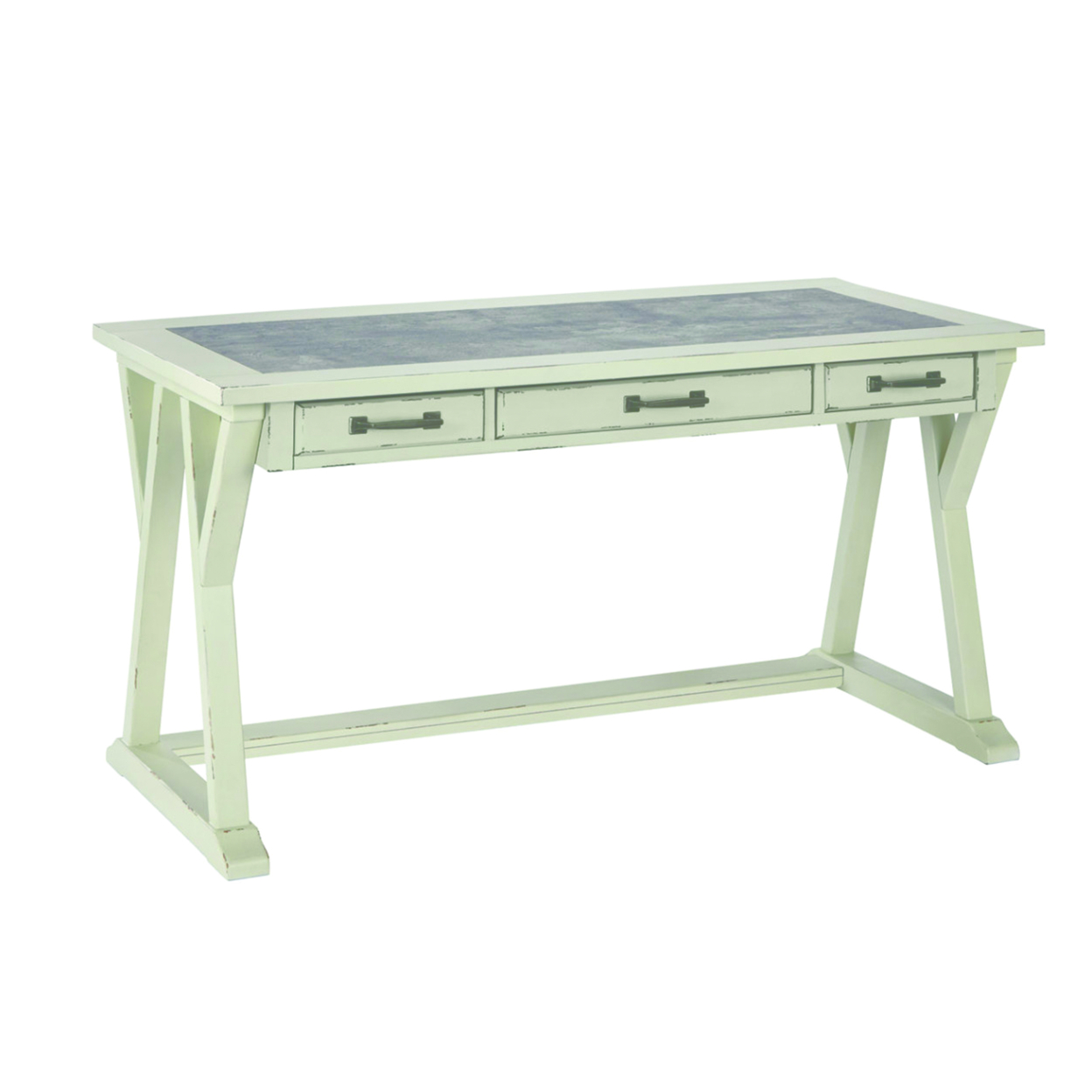 Three Drawers Wooden Desk With Faux Cement Top And Trestle Base, White And Gray- Saltoro Sherpi