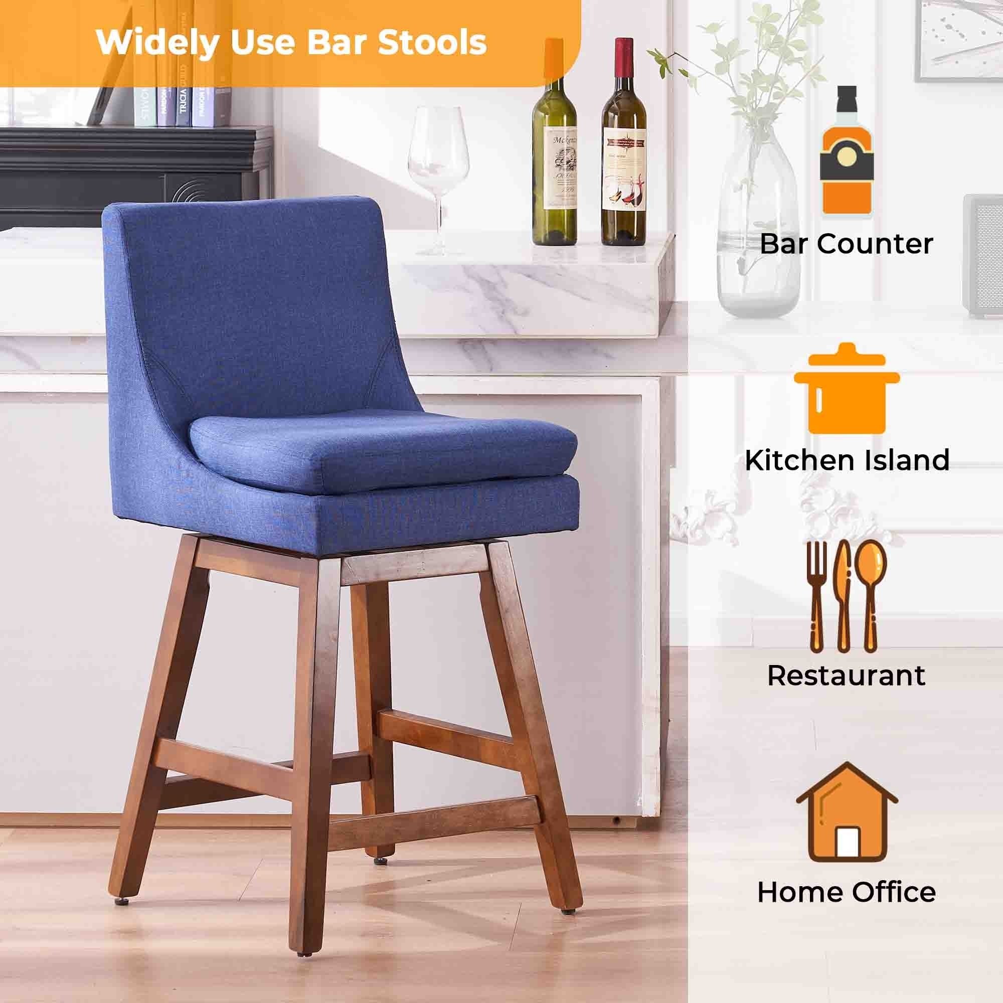 26 Inch Upholstered Swivel Fabric Counter Bar Stools With Back & Wood Legs - Light Grey