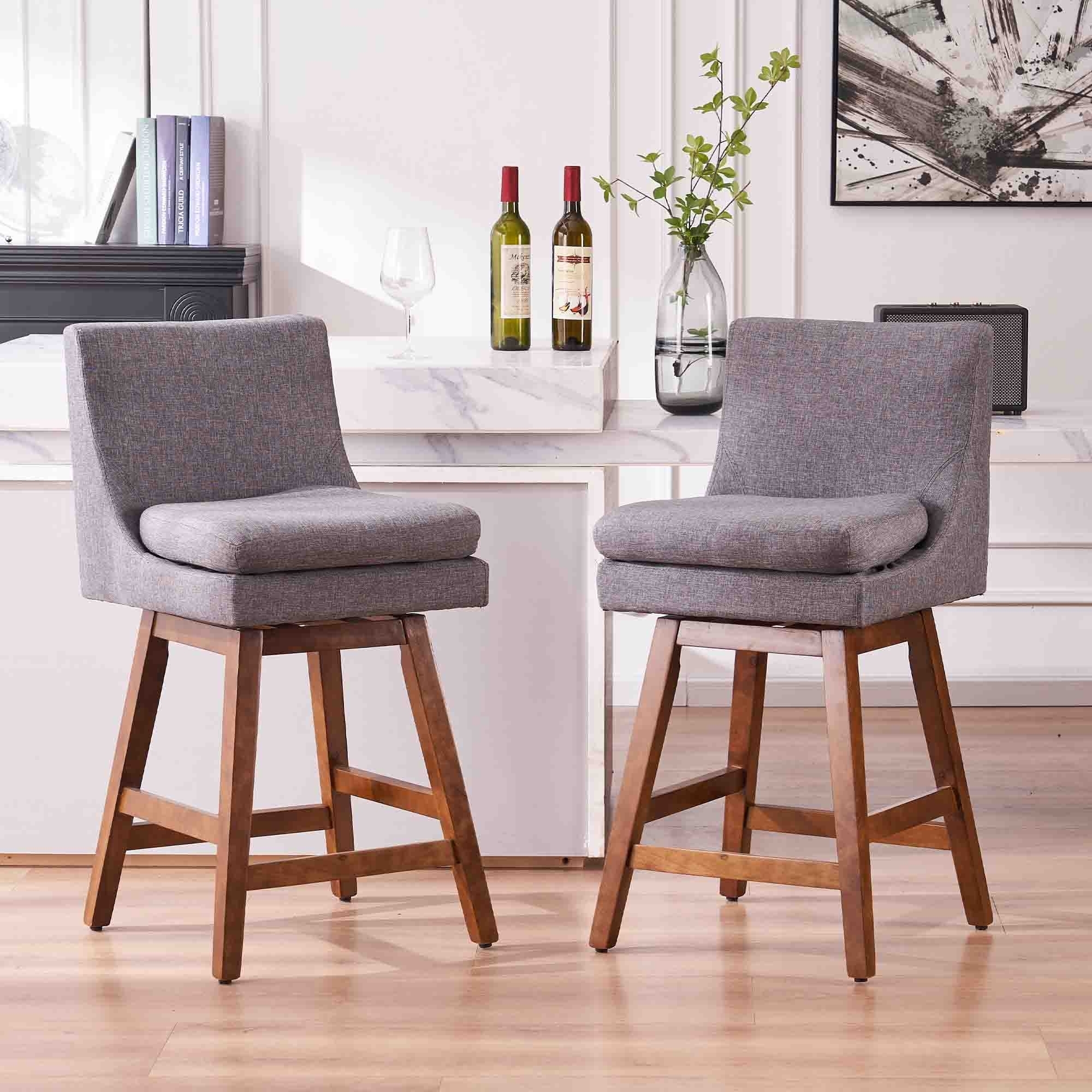 26 Inch Upholstered Swivel Fabric Counter Bar Stools With Back & Wood Legs - Light Grey