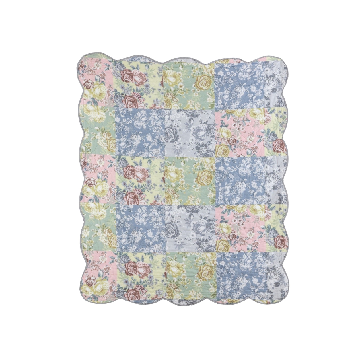 Eni 60 Inch Cotton Throw Blanket, Pastel Blue Flowers, Scalloped Edges- Saltoro Sherpi