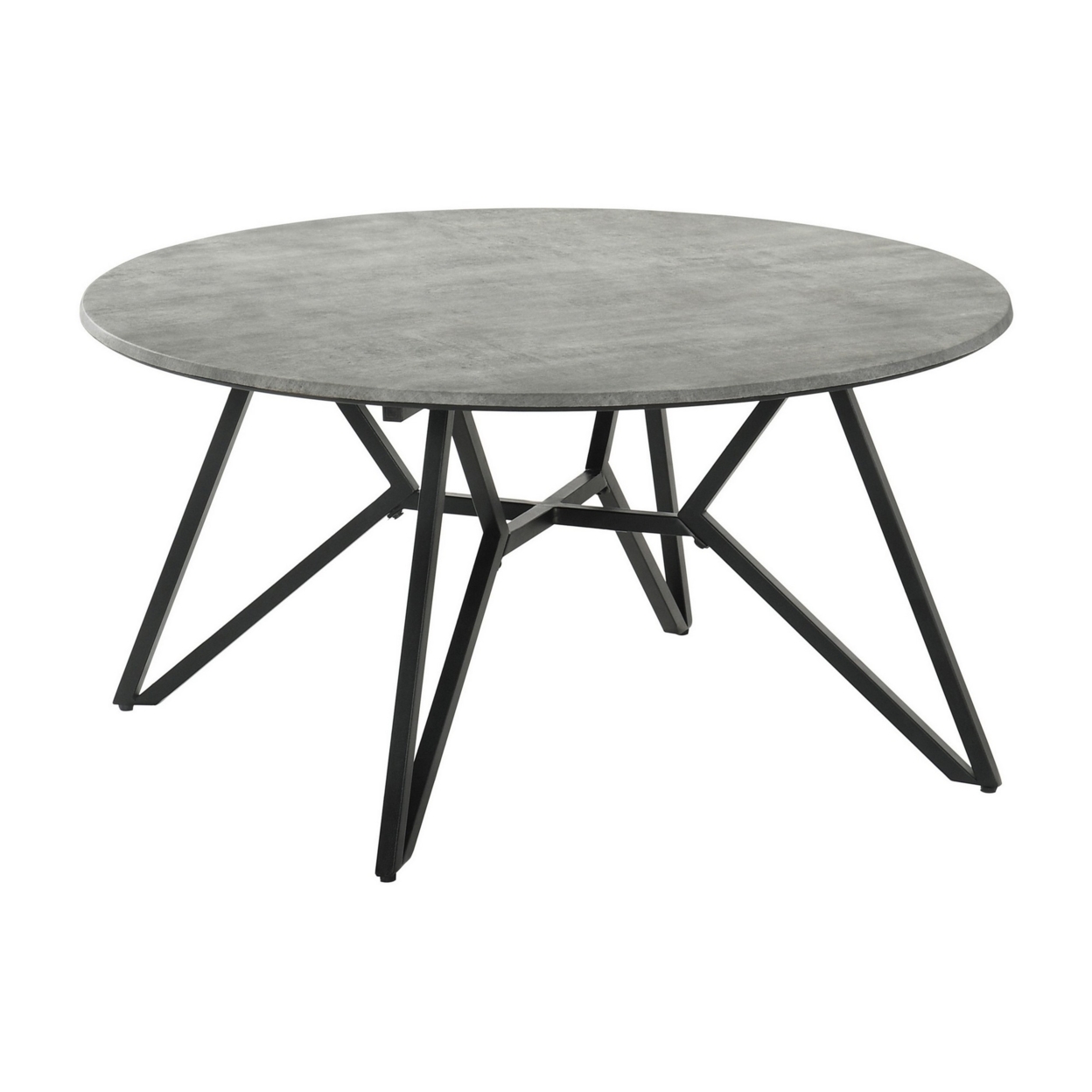 Dexi 36 Inch Coffee Table, Round Top, Geometric Metal Base, Cement Gray