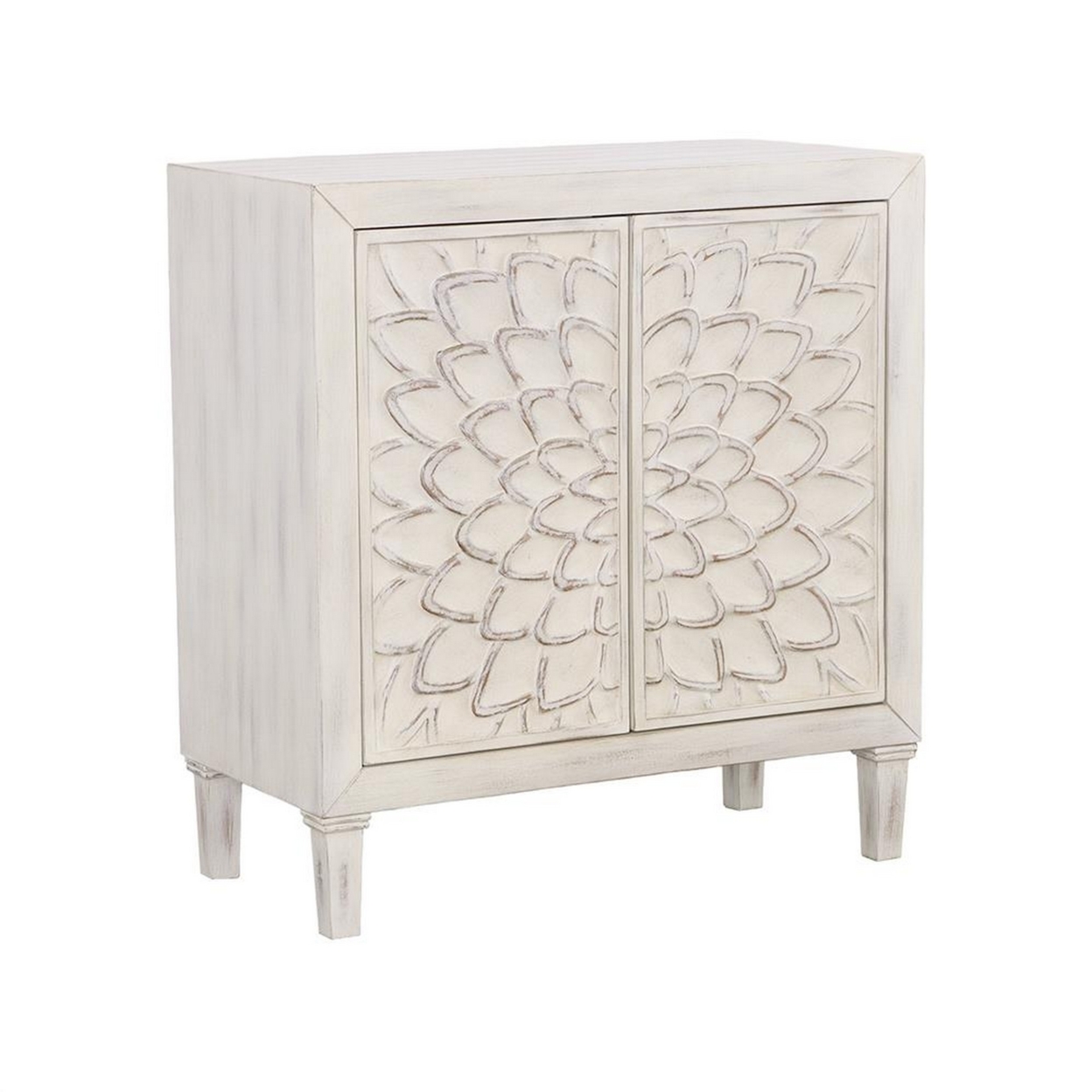 2 Door Wooden Accent Cabinet With Floral Carving, Distressed Whitewash- Saltoro Sherpi