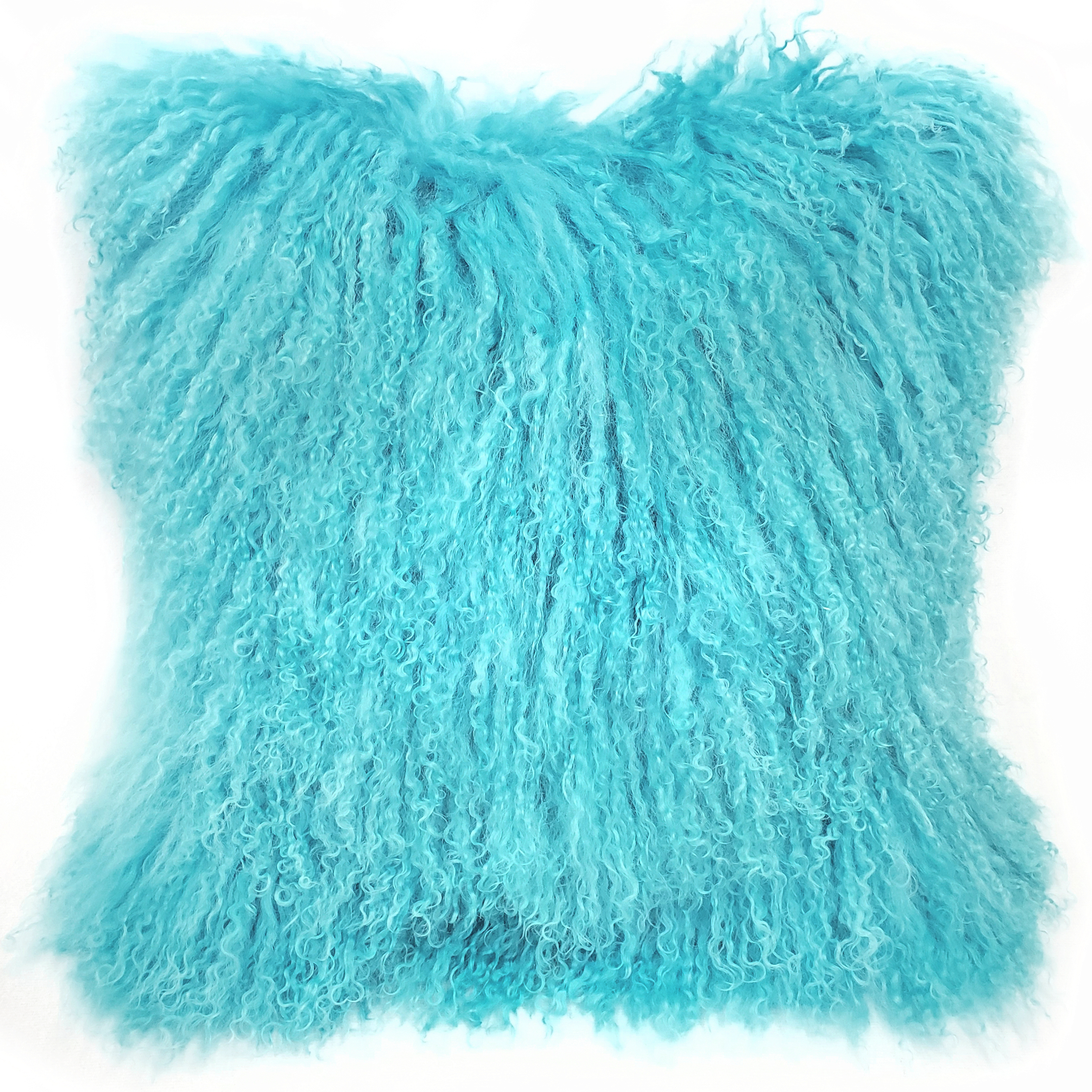 Pillow Decor - Mongolian Sheepskin Turquoise Blue Throw Pillow