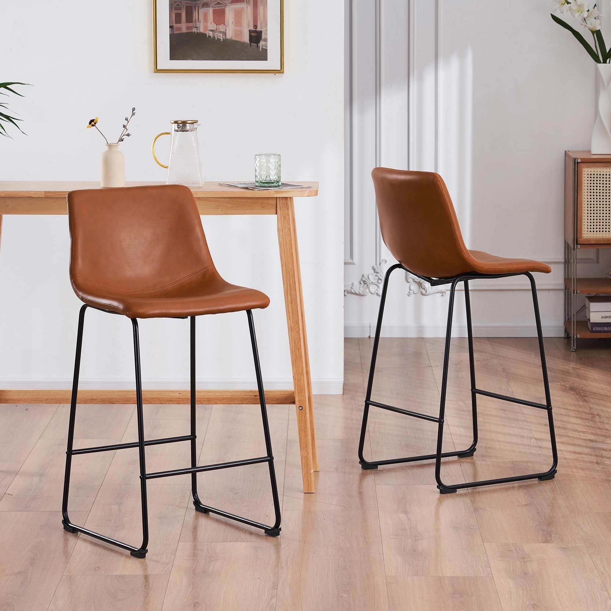 Set Of 2 Modern Upholstered Faux Leather Barstools - 26 Or 30 Counter Stool - Black, 26