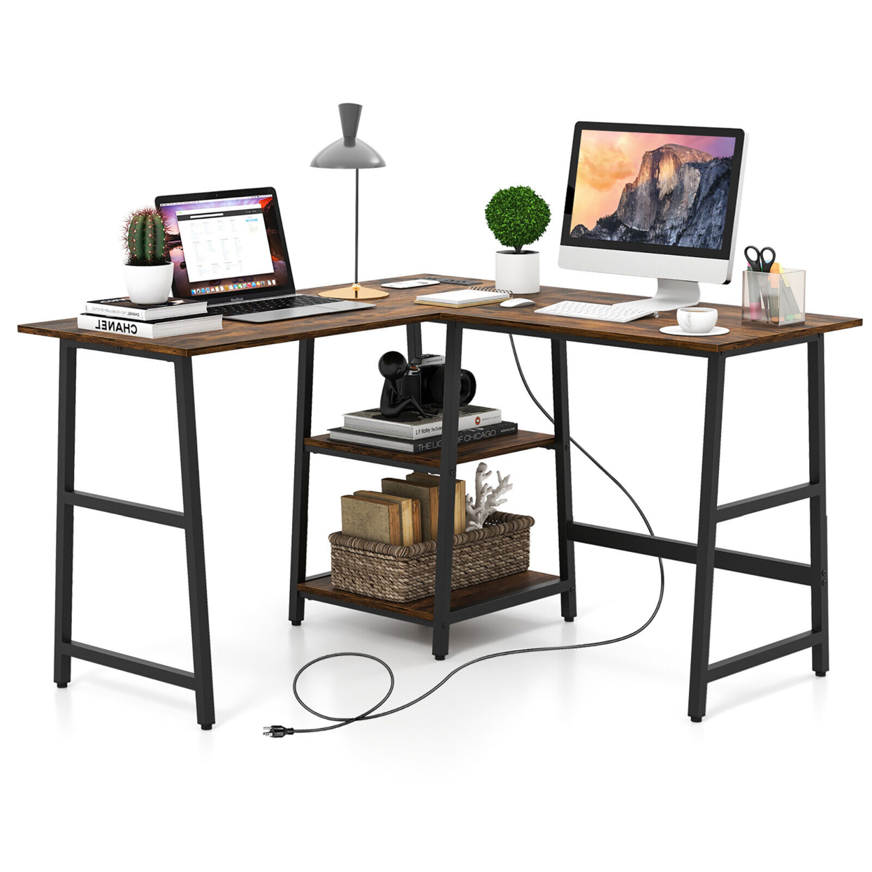 L Shaped Corner Computer Desk Study Table W/Storage Shelves - Rustic Brown