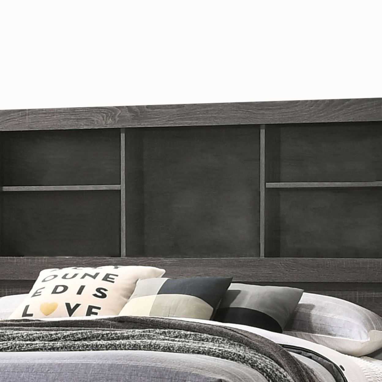 Wooden Queen Size Low Profile Size Bed With Bookcase Headboard, Gray- Saltoro Sherpi