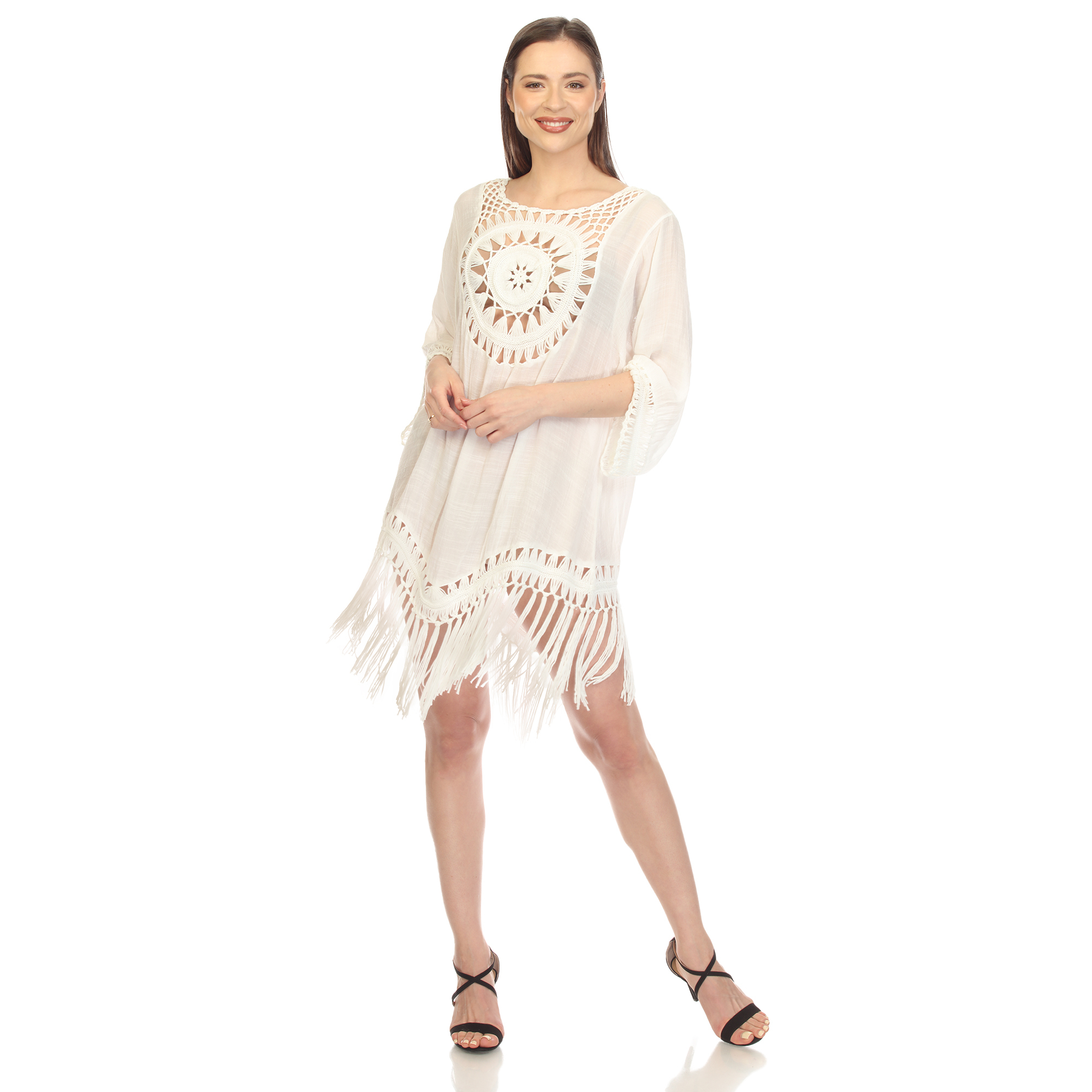 White Mark Women's Sheer Crochet Fringe Cover-Up - White, One Size (Missy)