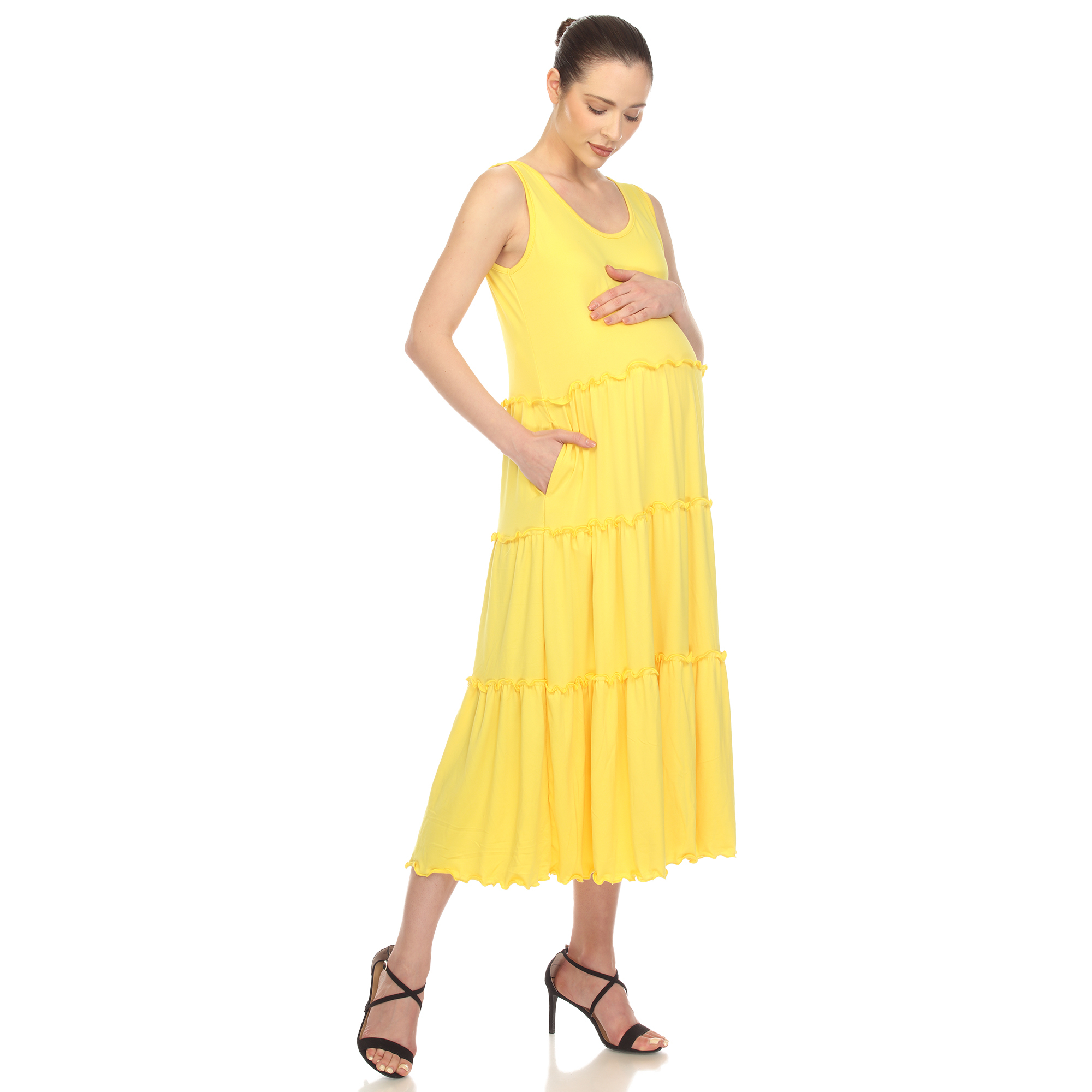 White Mark Women's Maternity Scoop Neck Tiered Midi Dress - Canary Yellow, Large