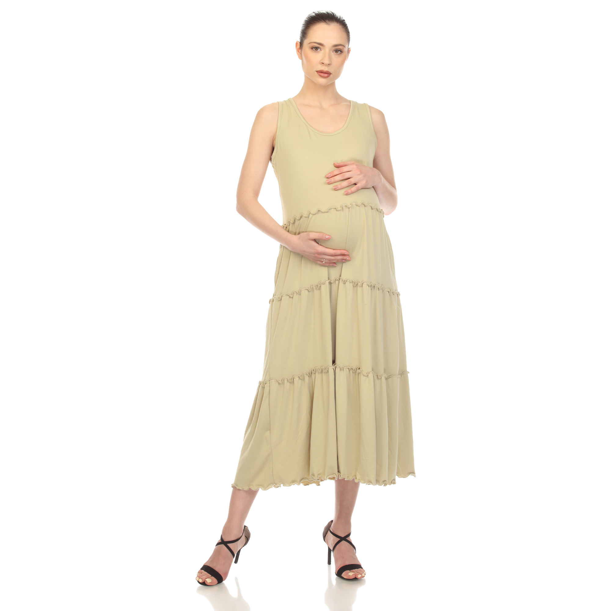 White Mark Women's Maternity Scoop Neck Tiered Midi Dress - Pale Olive, X-Large