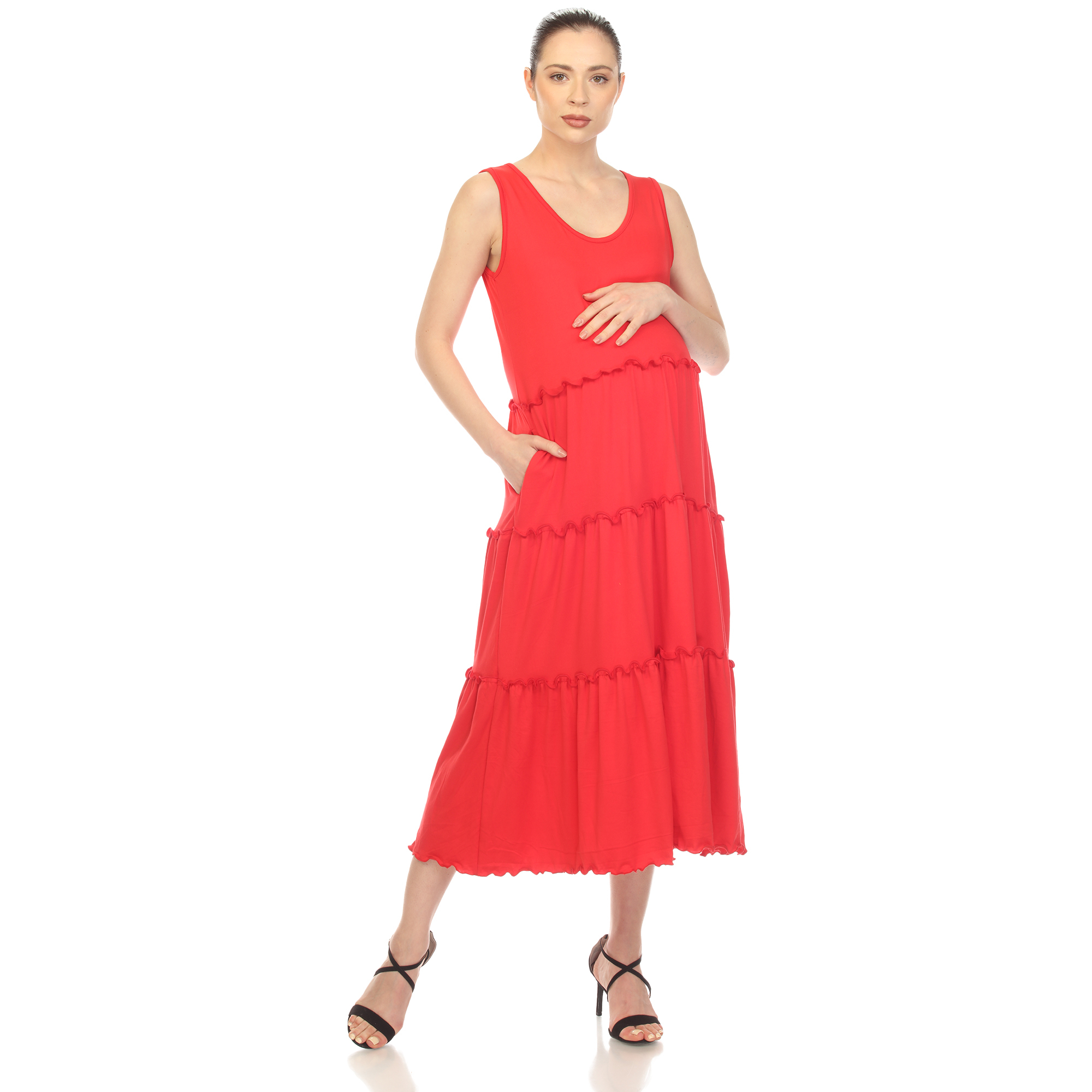 White Mark Women's Maternity Scoop Neck Tiered Midi Dress - Ruby Red, Large