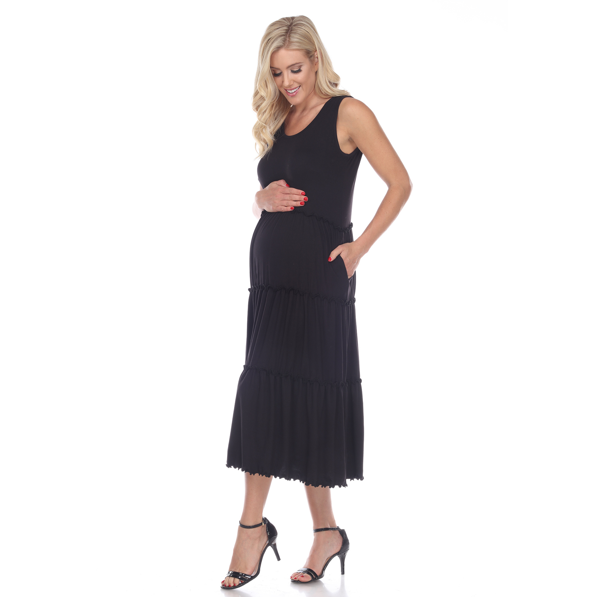 White Mark Women's Maternity Scoop Neck Tiered Midi Dress - Black, 1X