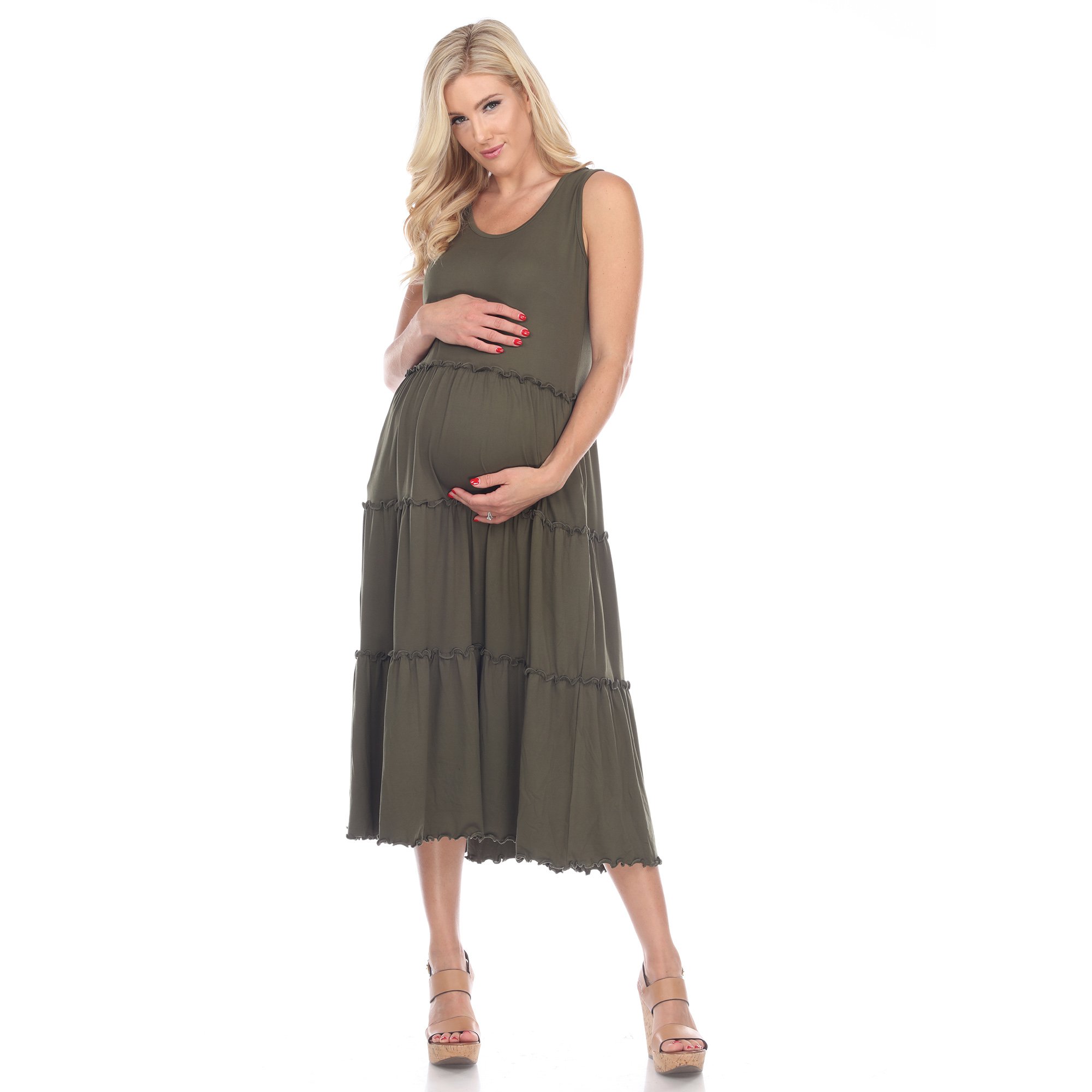 White Mark Women's Maternity Scoop Neck Tiered Midi Dress - Pale Olive, X-Large