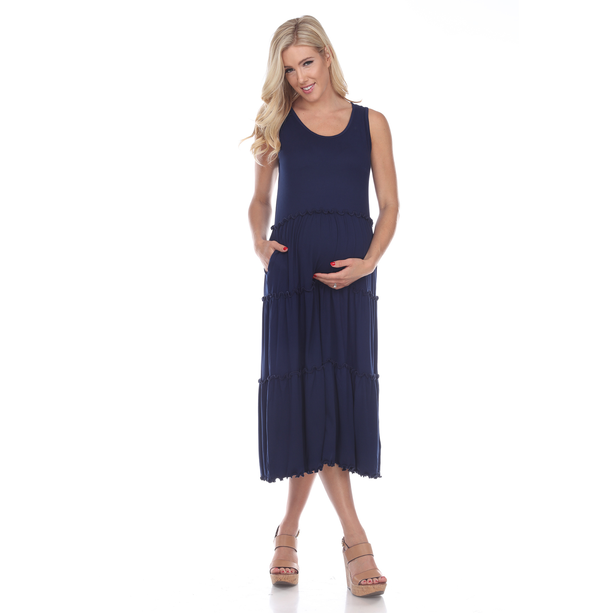White Mark Women's Maternity Scoop Neck Tiered Midi Dress - Olive, Medium