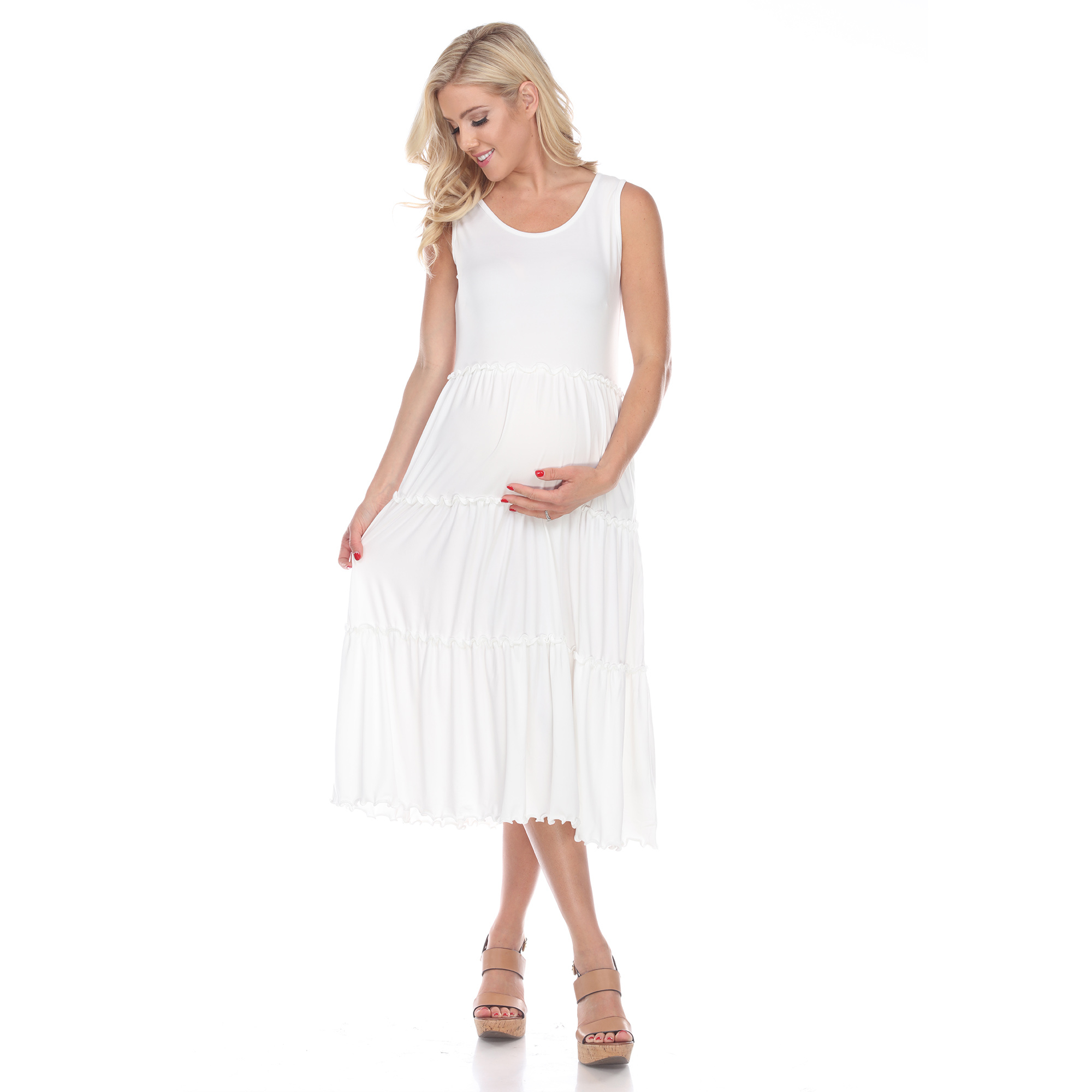 White Mark Women's Maternity Scoop Neck Tiered Midi Dress - White, Large