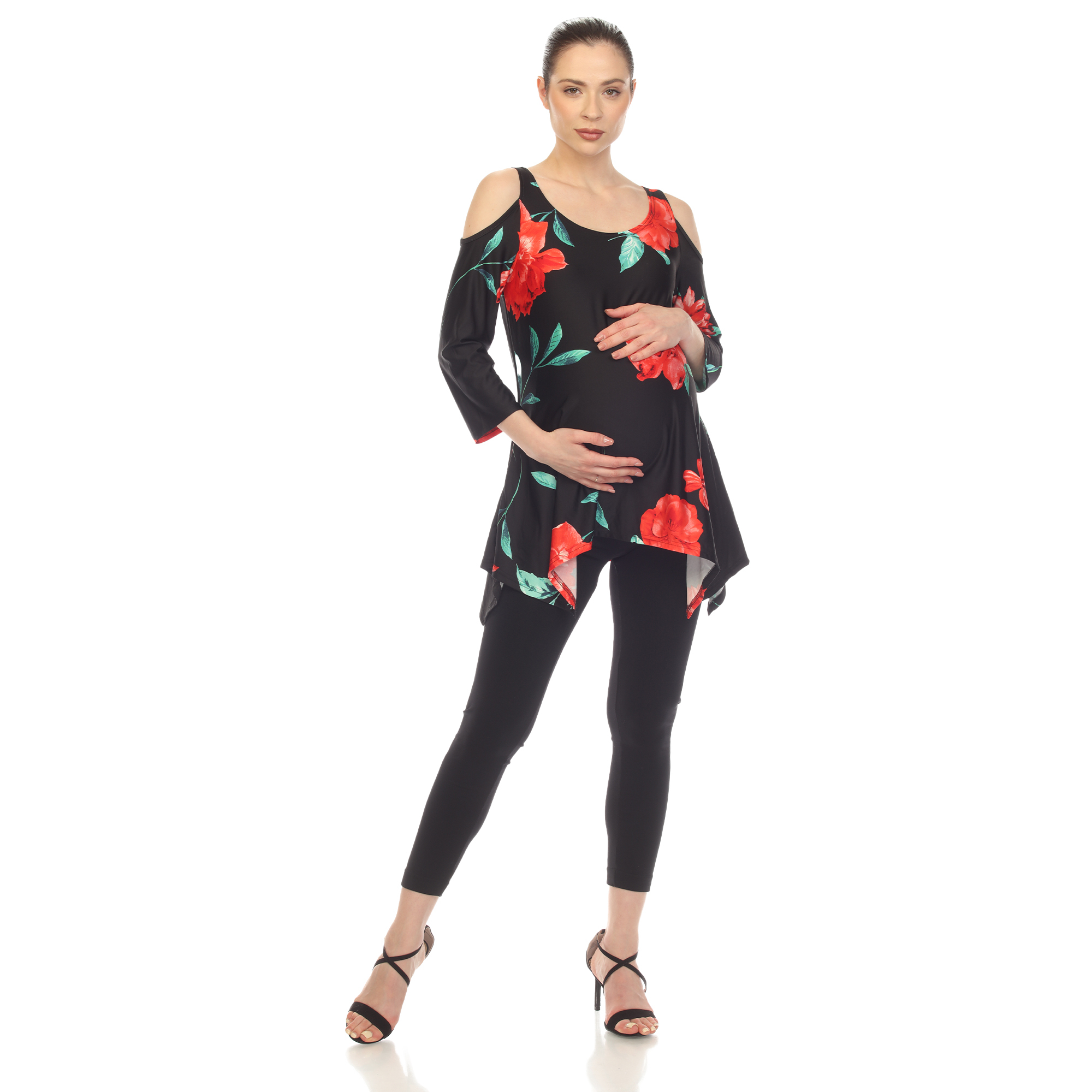 White Mark Women's Maternity Floral Cold Shoulder Tunic Top - Black/Red, Large