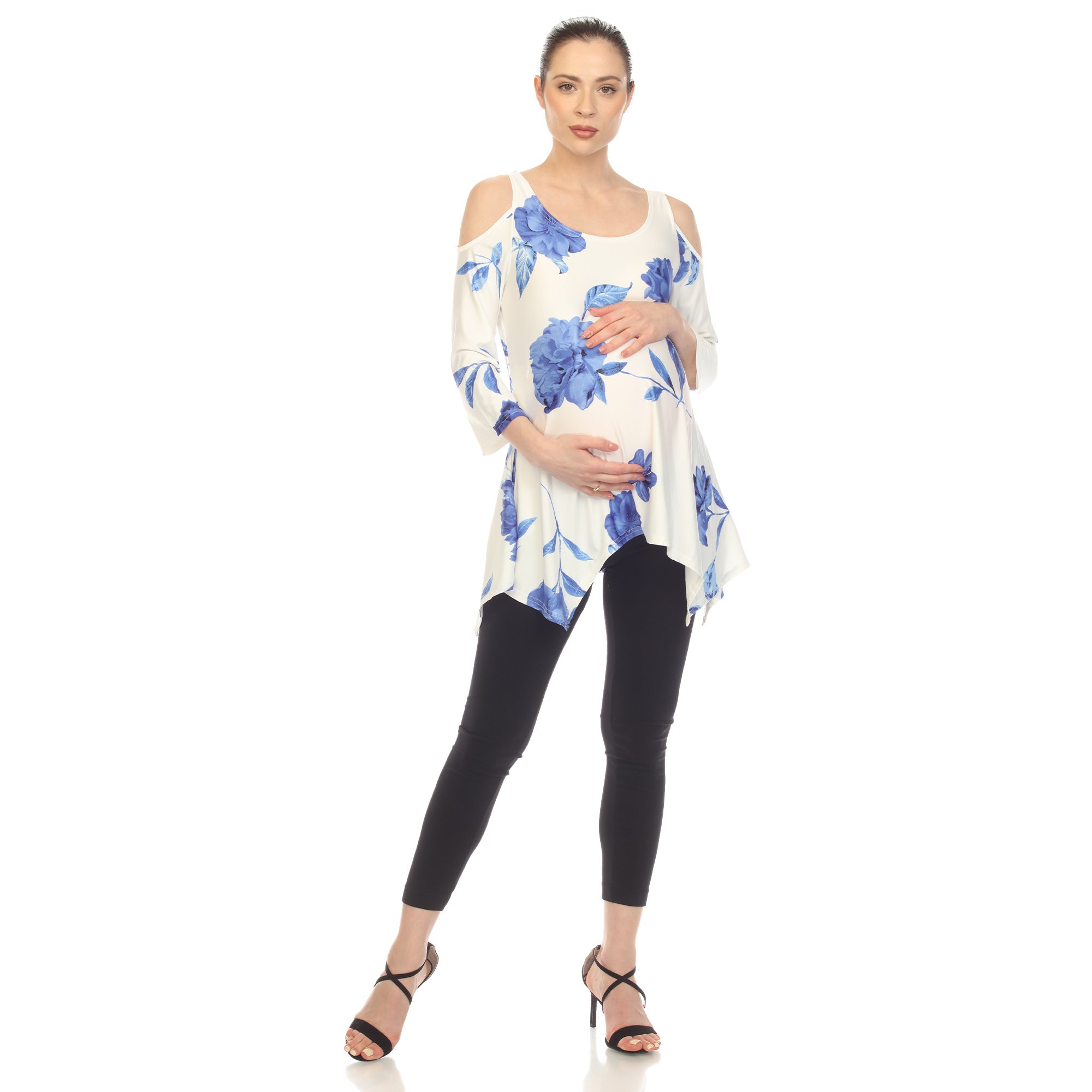 White Mark Women's Maternity Floral Cold Shoulder Tunic Top - White/Blue, Small