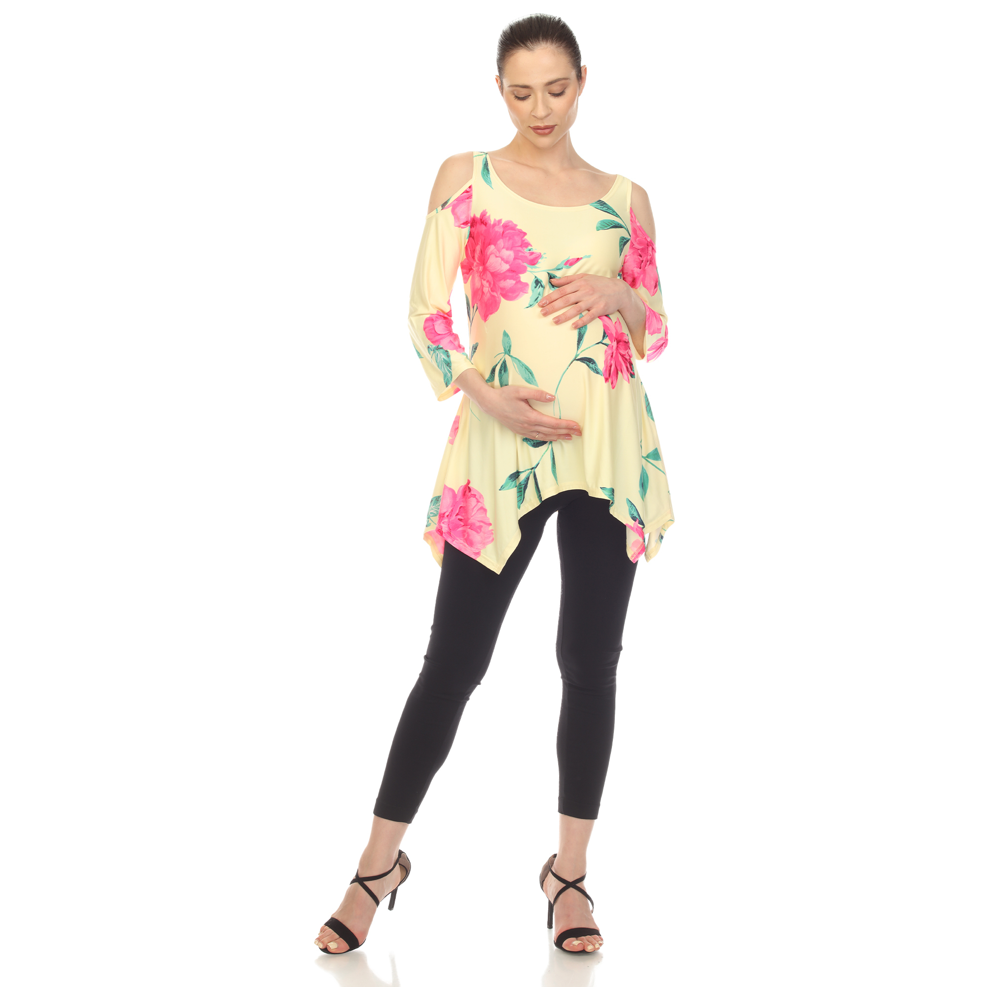 White Mark Women's Maternity Floral Cold Shoulder Tunic Top - Yellow/Pink, Medium