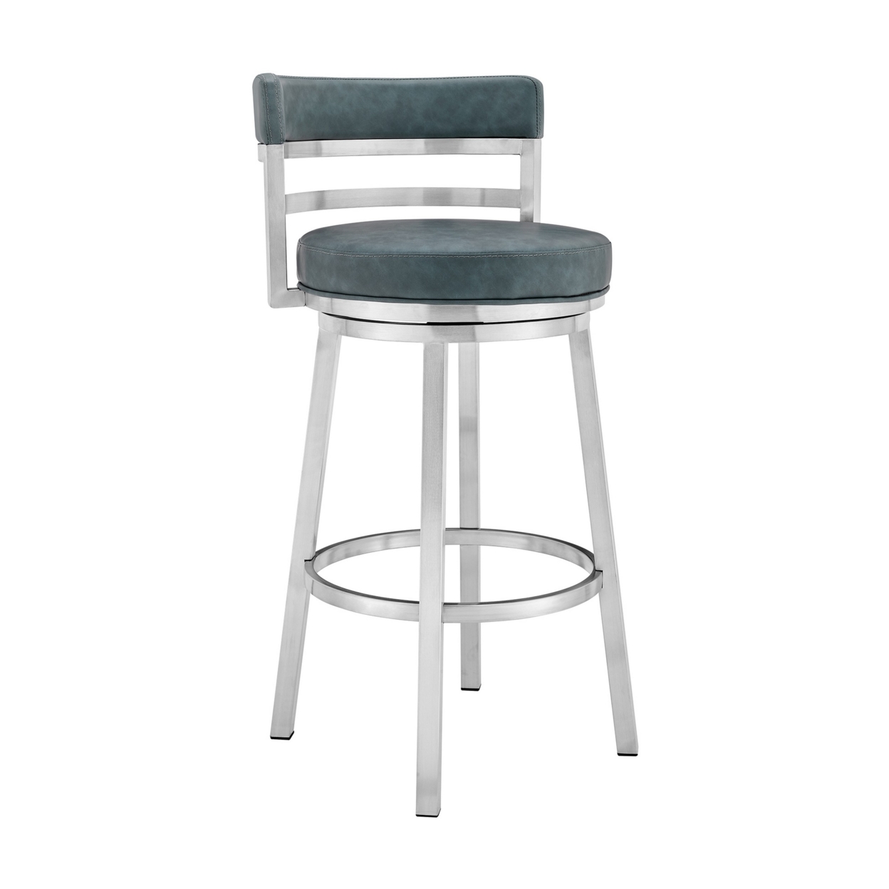 Eva 30 Inch Padded Swivel Bar Stool Chair, Steel Finish, Blue Faux Leather- Saltoro Sherpi