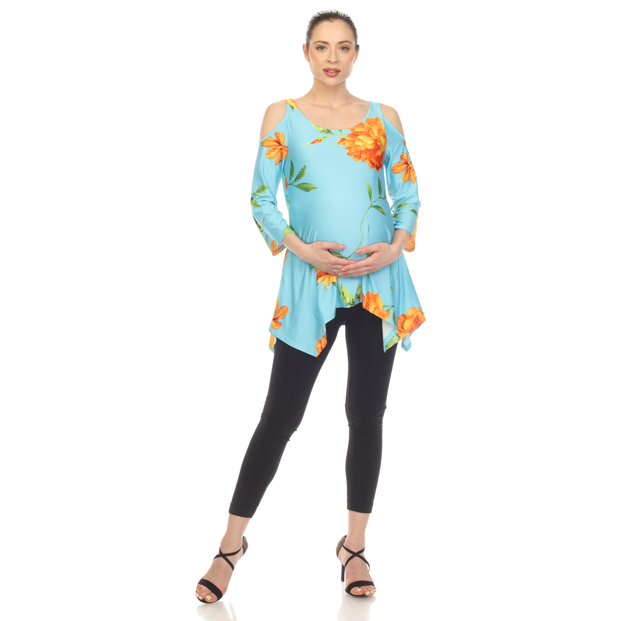 White Mark Women's Maternity Floral Cold Shoulder Tunic Top - Blue/Orange, Medium