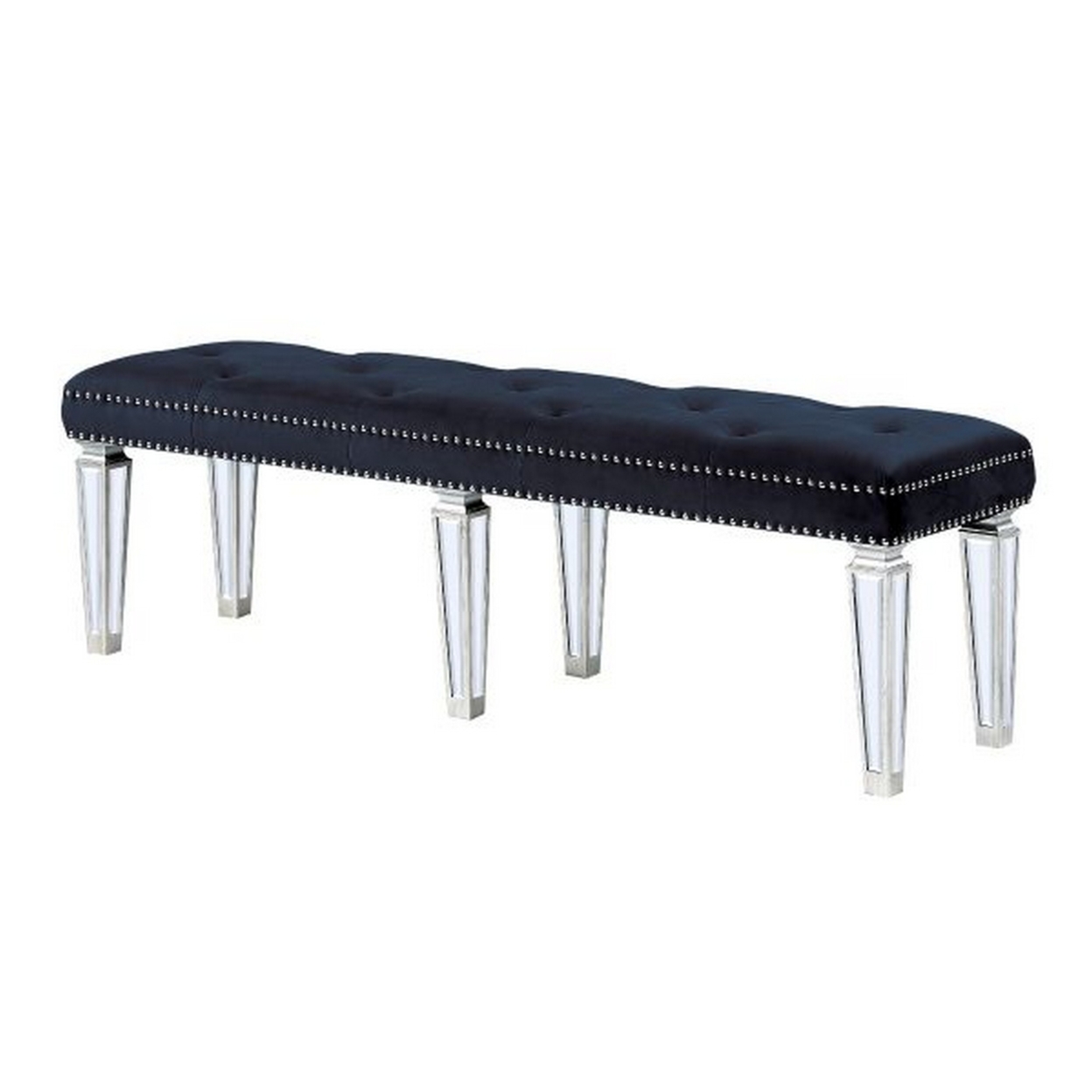 Accent Bench With Tufted Velvet Seat And Mirrored Legs, Black- Saltoro Sherpi