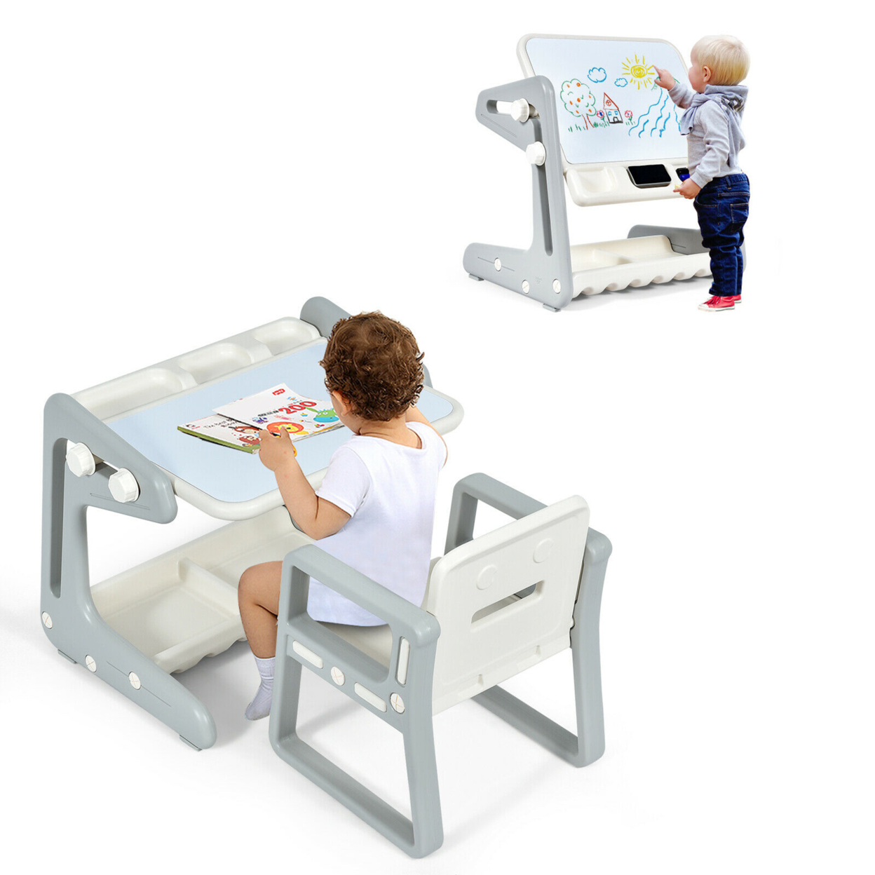 2 In 1 Kids Easel Table & Chair Set Adjustable Art Painting Board Gray/Blue/Light Pink - Blue