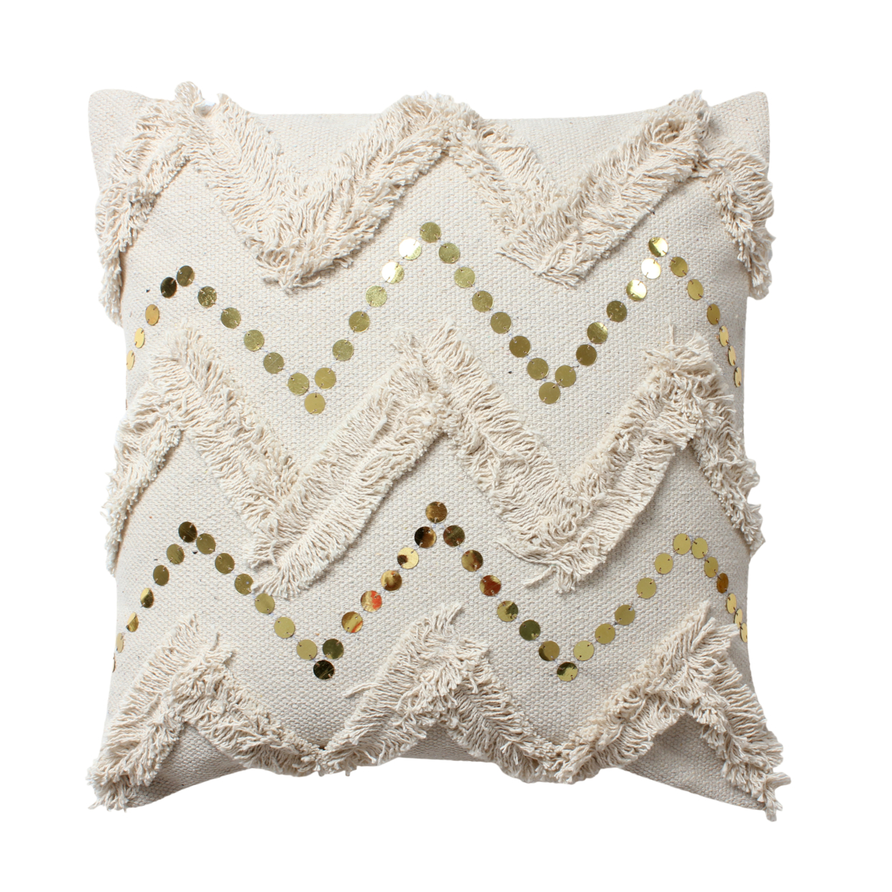 18 X 18 Square Polycotton Handwoven Accent Throw Pillow, Fringed, Sequins, Chevron Design, Set Of 2, Off White
